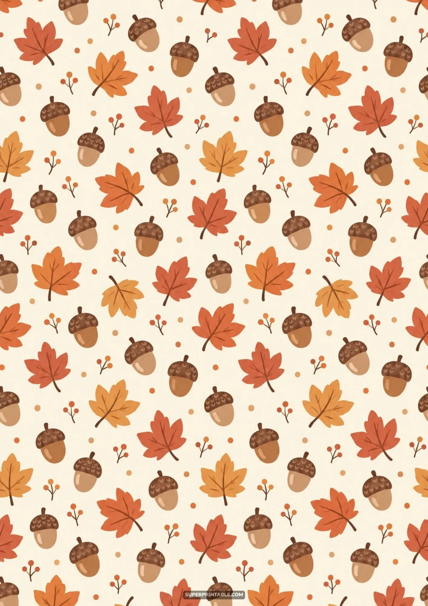 Pastel thanksgiving digital papers with rust orange and golden maple leaves, acorns, and berry sprigs.
