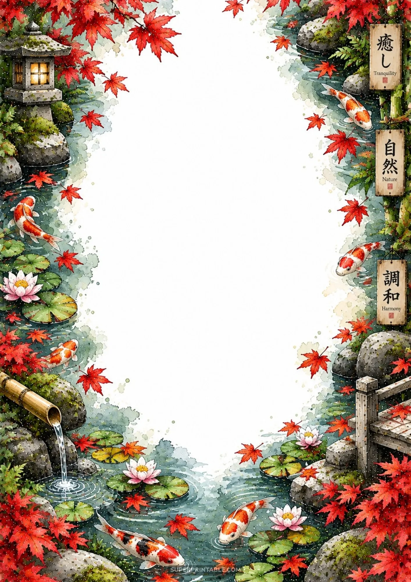 Scarlet Japanese maple leaves and colorful koi fish swimming in a pond bordering a watercolor border page.