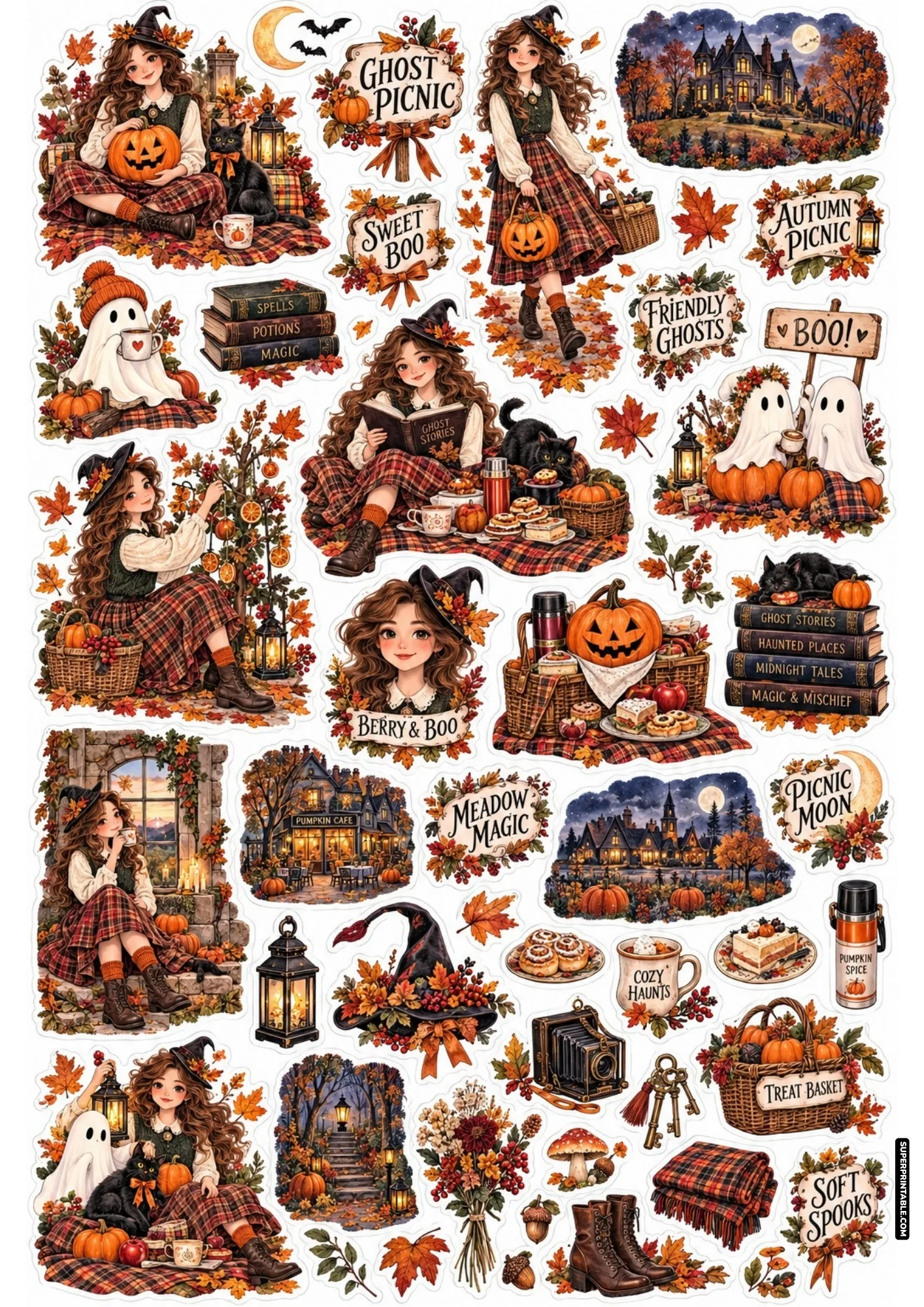 Cozy halloween sticker sheets layout displaying an autumn picnic with cute ghosts and tea snacks