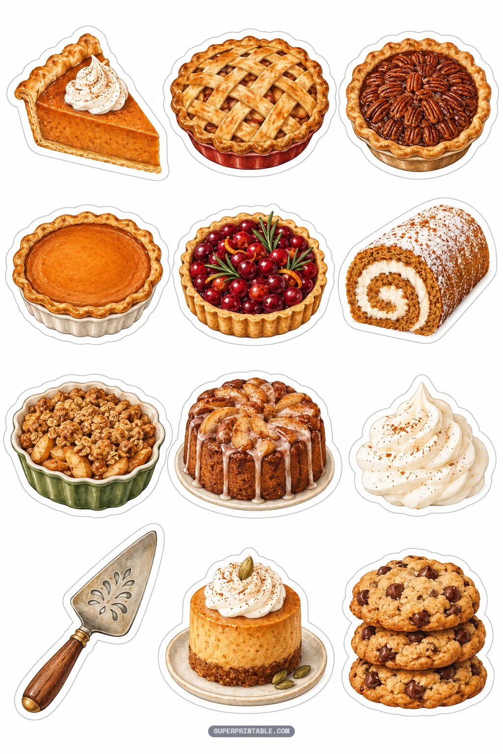 Watercolor autumn dessert stickers featuring pumpkin pie, pecan tart, apple crisp, and cookies