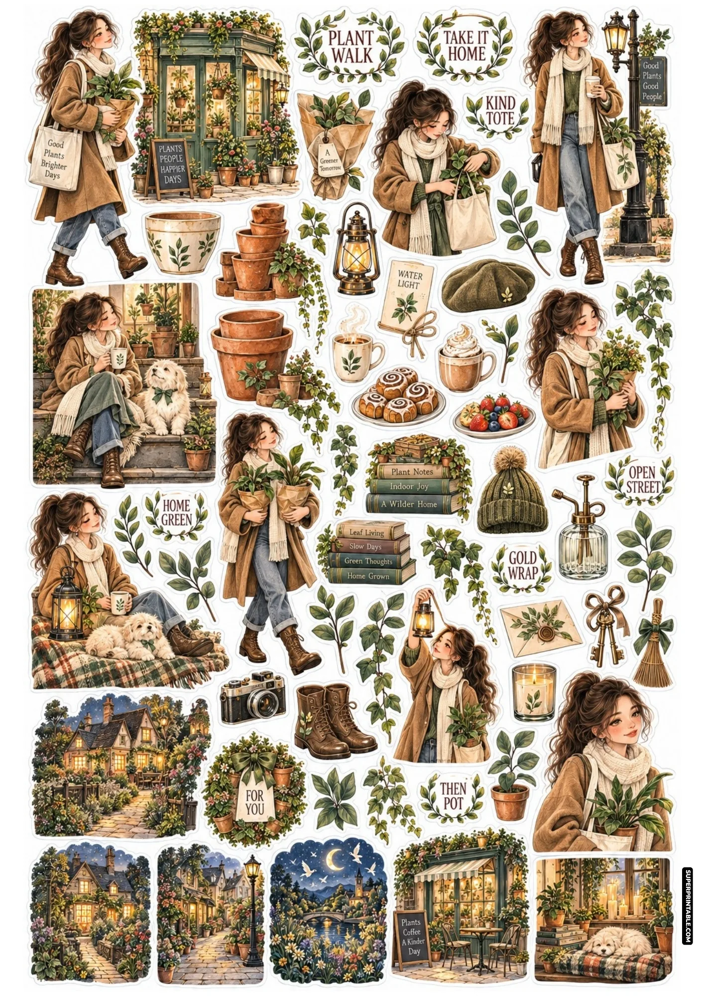 Autumn themed sticker sheet showing a girl in a trench coat carrying potted plants, a canvas tote, and a cute dog.