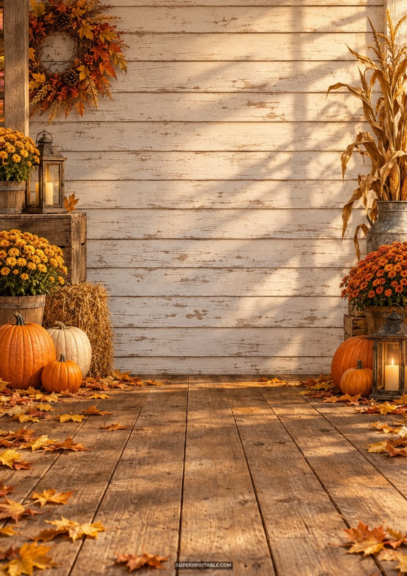 Autumn front porch scene with bright orange pumpkins, potted chrysanthemums, and lanterns on weathered floorboards.