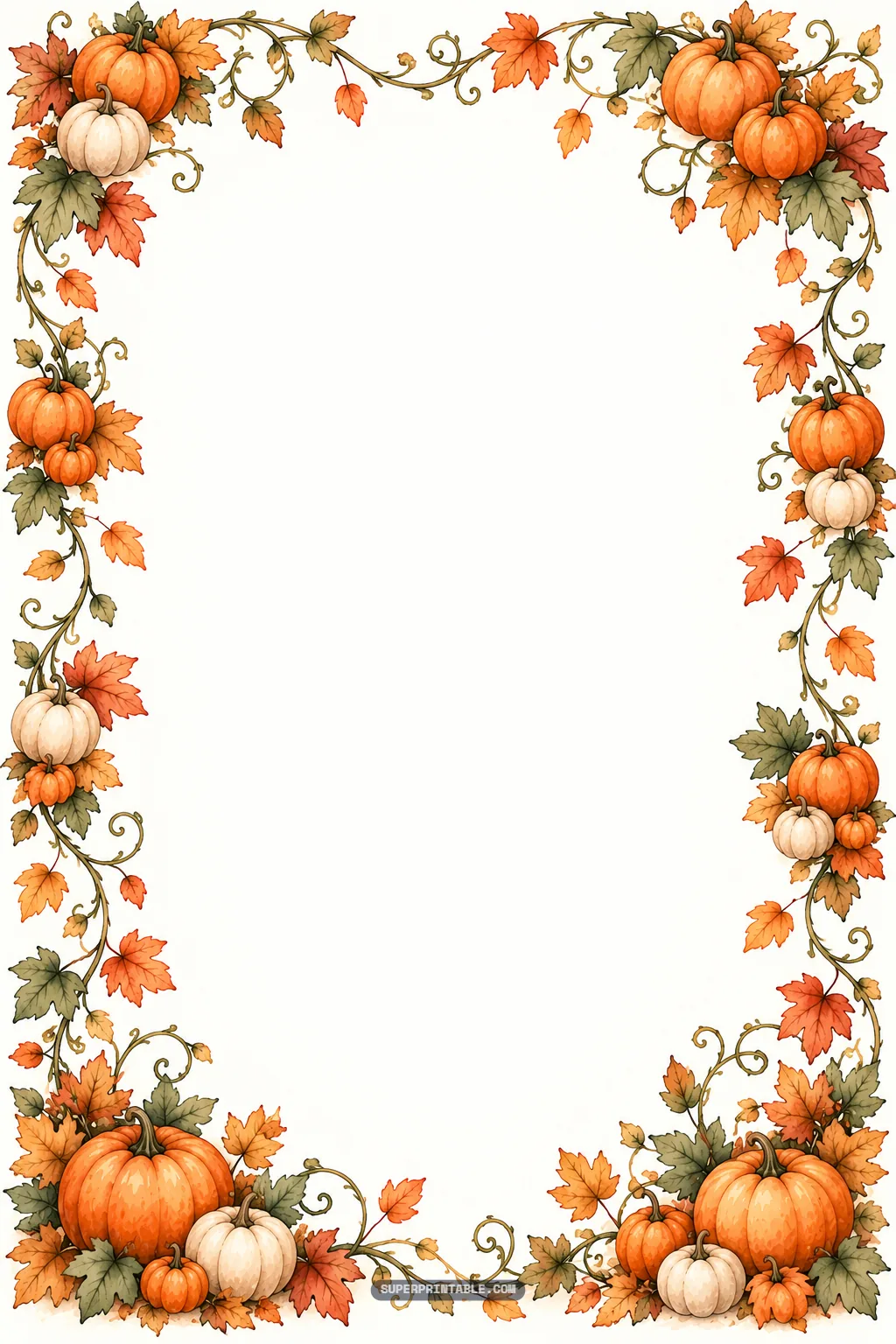 Lush watercolor vine border decorated with trailing leaves, berries, and clusters of harvest pumpkins.