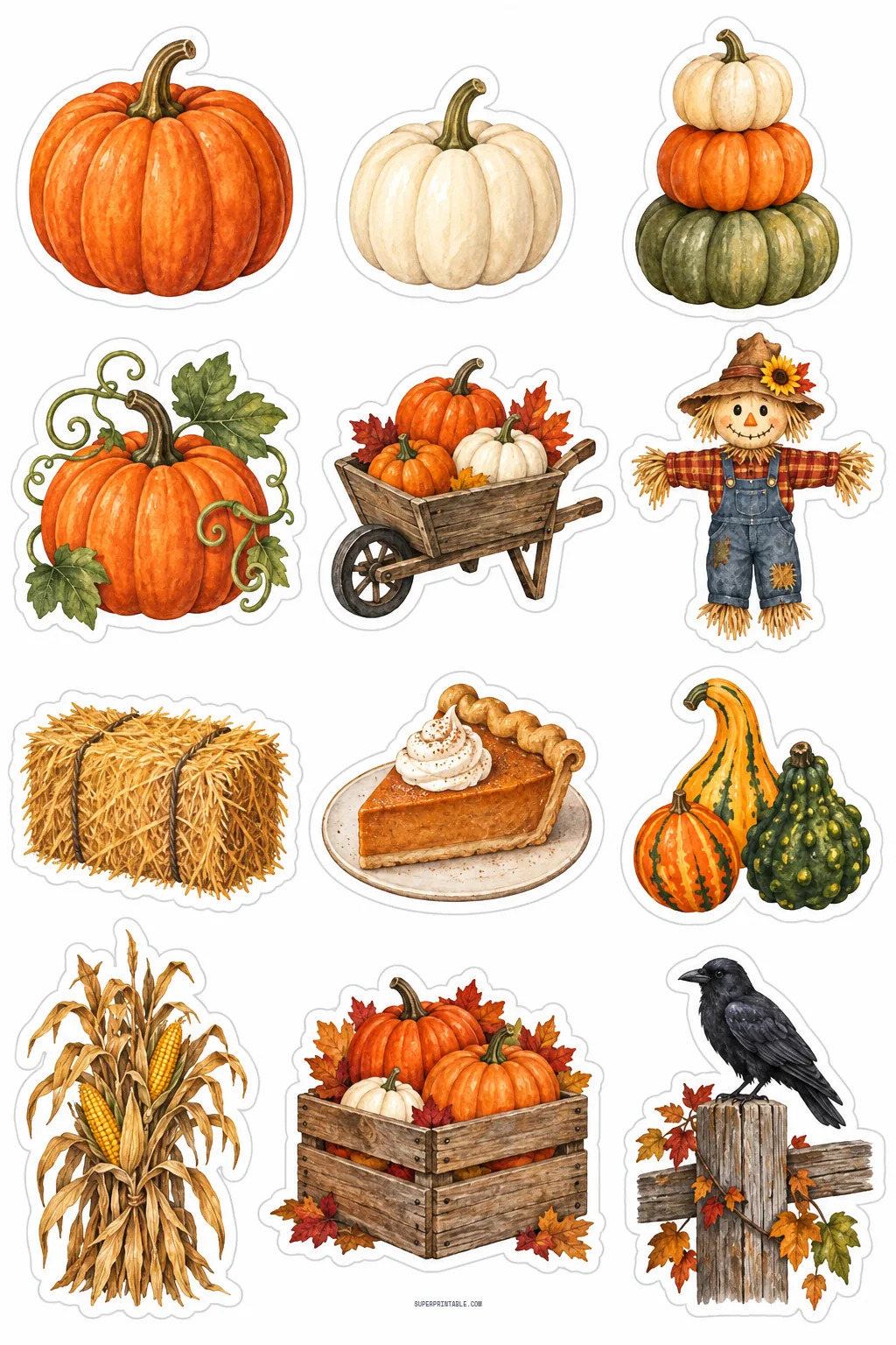 Autumn harvest sticker collection with orange pumpkins, rustic scarecrow, pumpkin pie slice, and hay bale