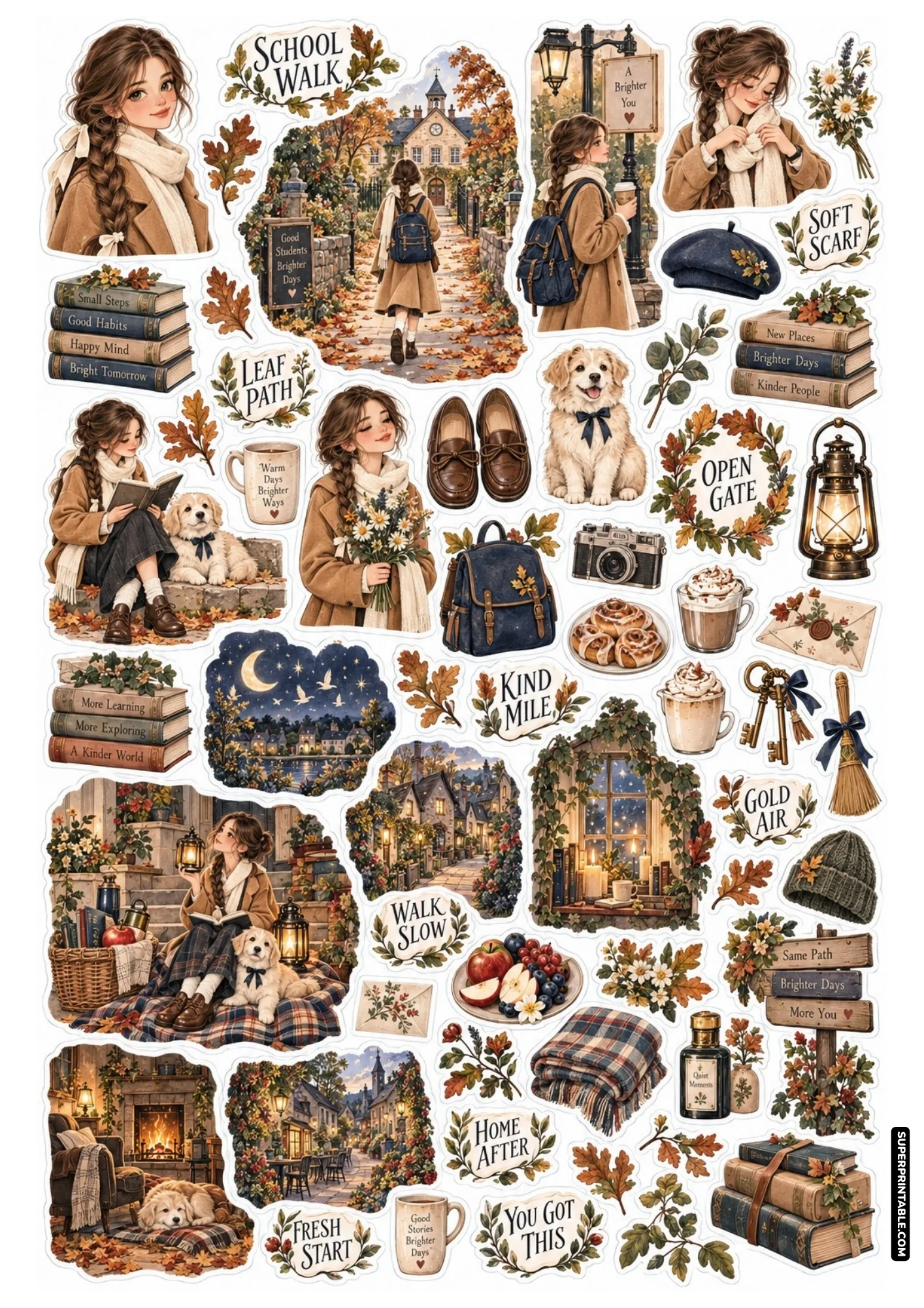 Autumn school walk stickers showing crisp fall leaves, golden cobblestone streets, and a cozy puppy.