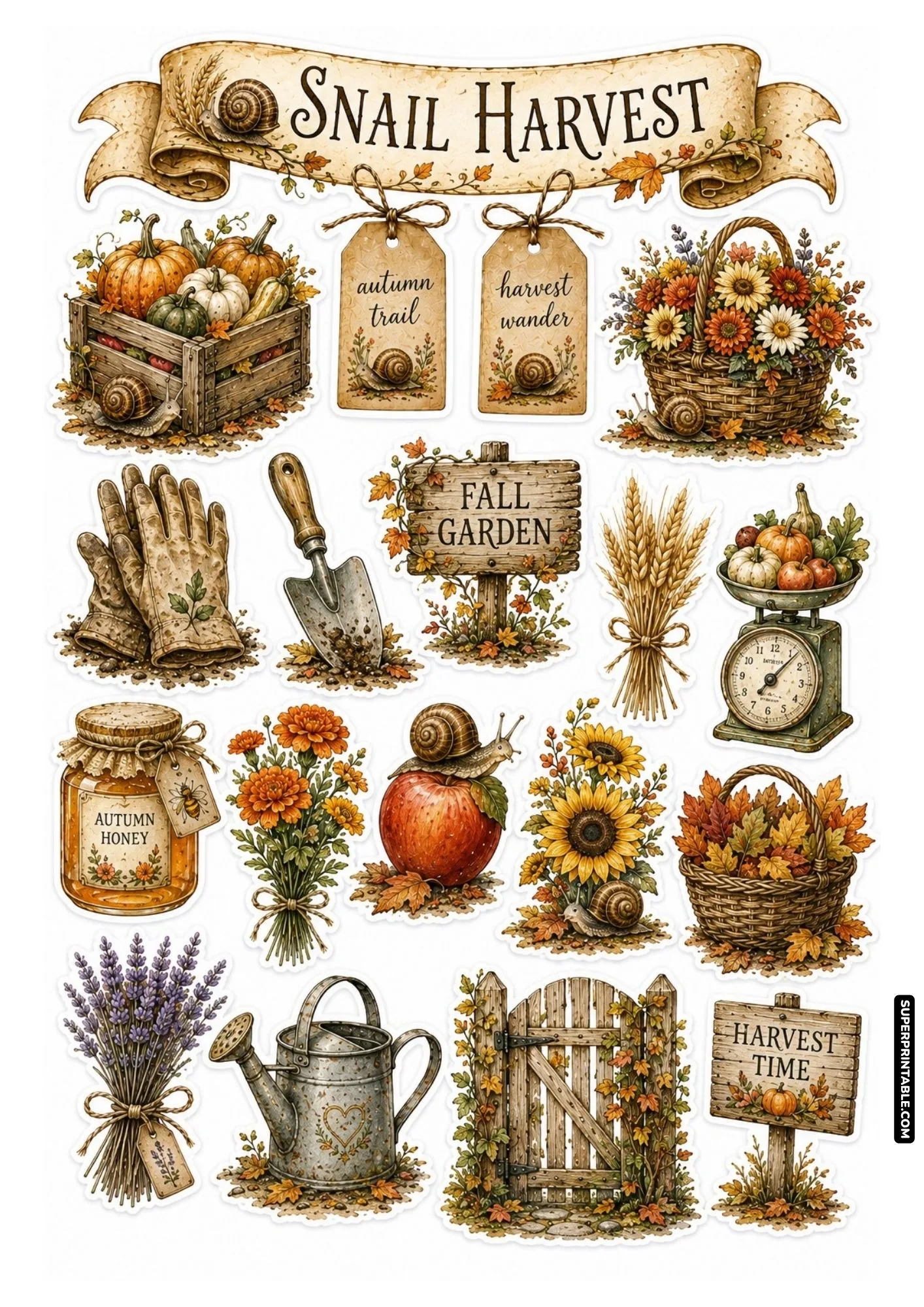 Autumn snail harvest sticker sheet with crates of pumpkins, fall leaves, sunflowers, and honey jar.