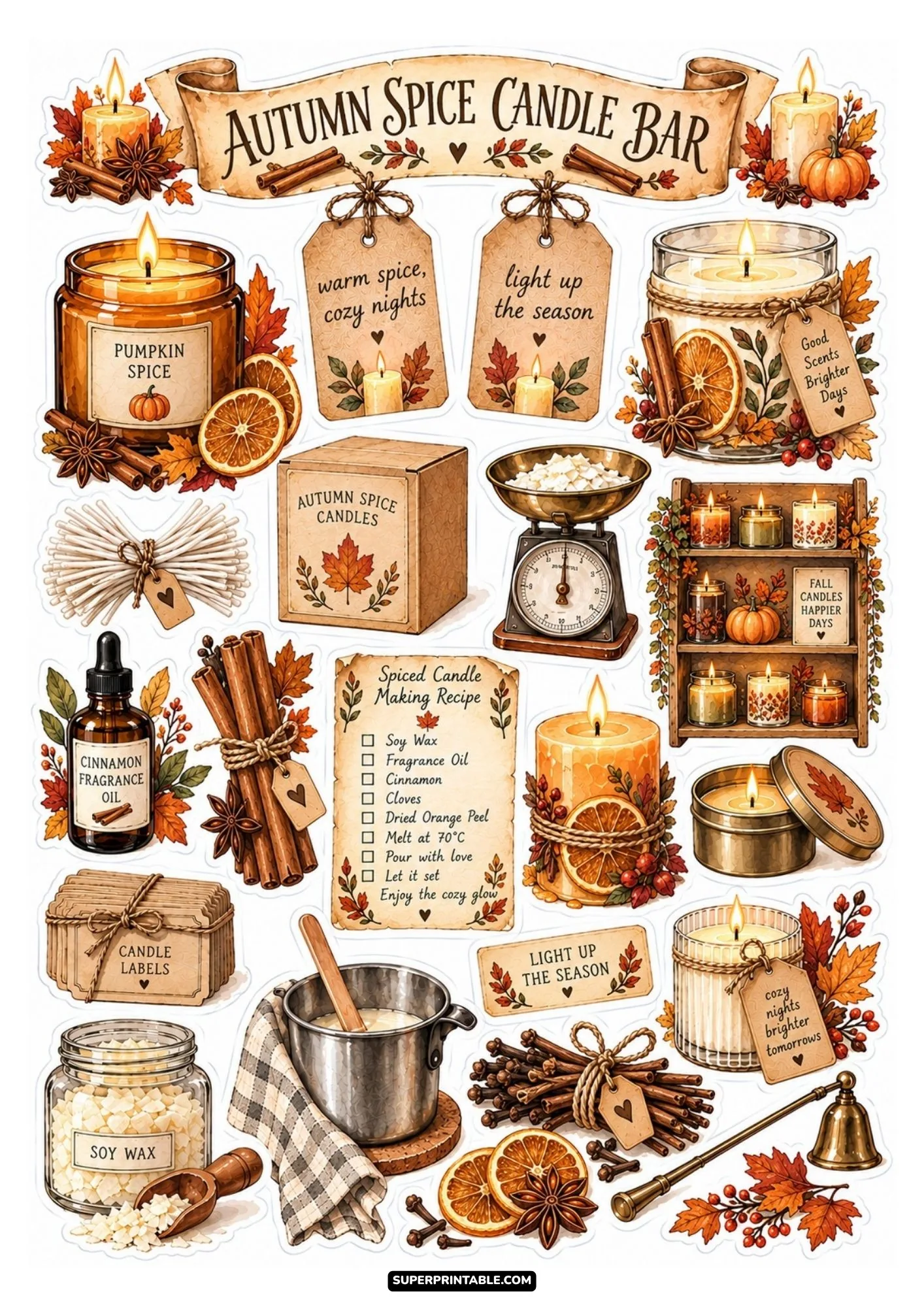 Handpoured candle sticker sheet for autumn spice themes with warm jar candles, dried orange slices, and cinnamon sticks.