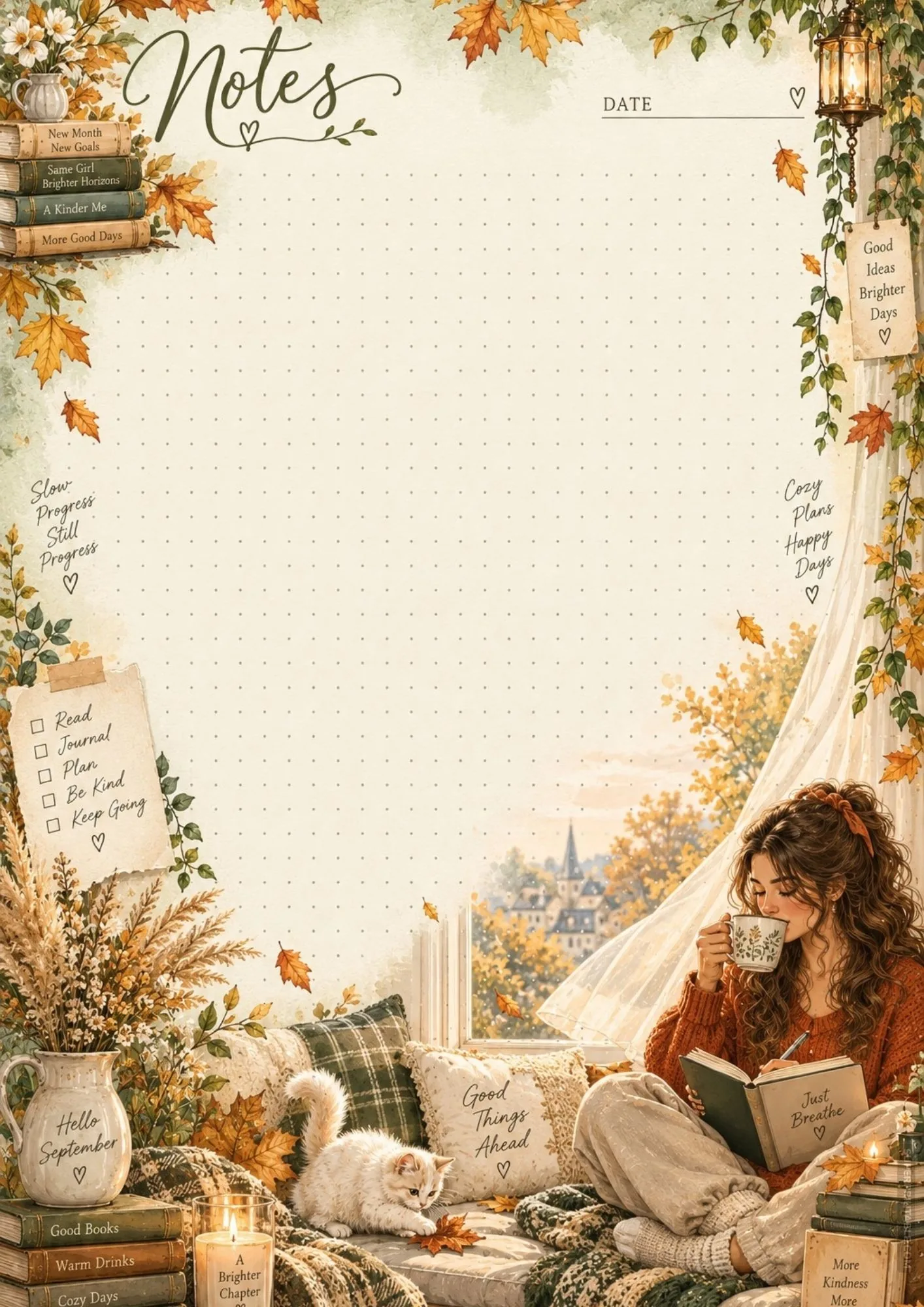 Printable september notes pages design showing a cozy window nook with fall foliage, tea, and a sleeping kitten.