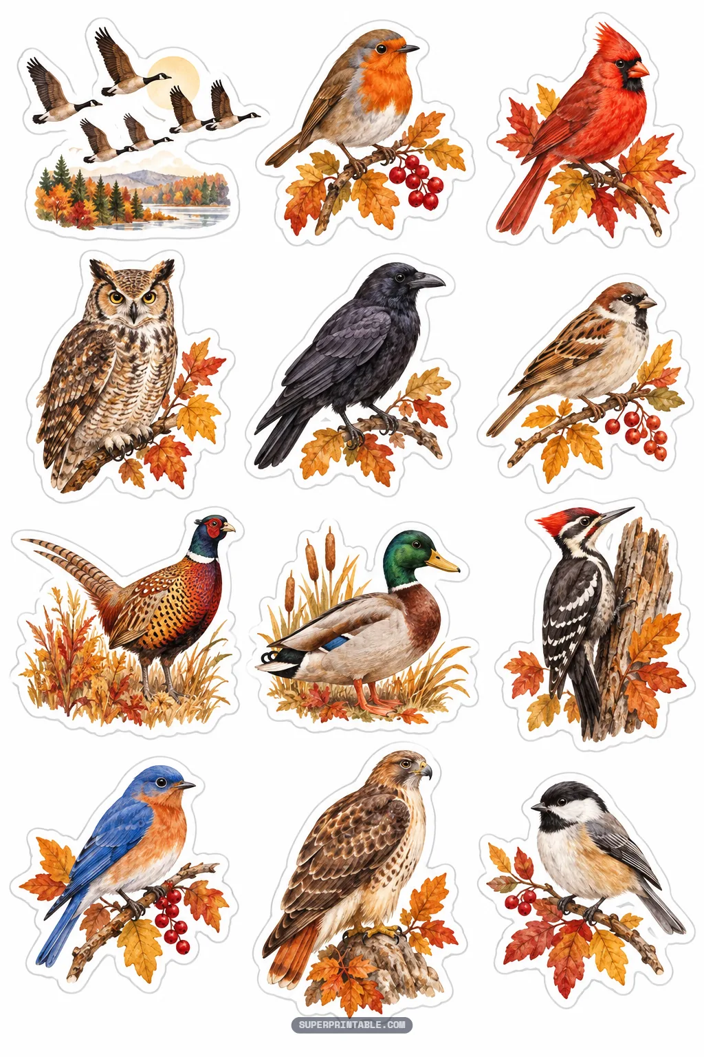 Autumn bird stickers including cardinal, owl, bluebird, mallard duck, and geese