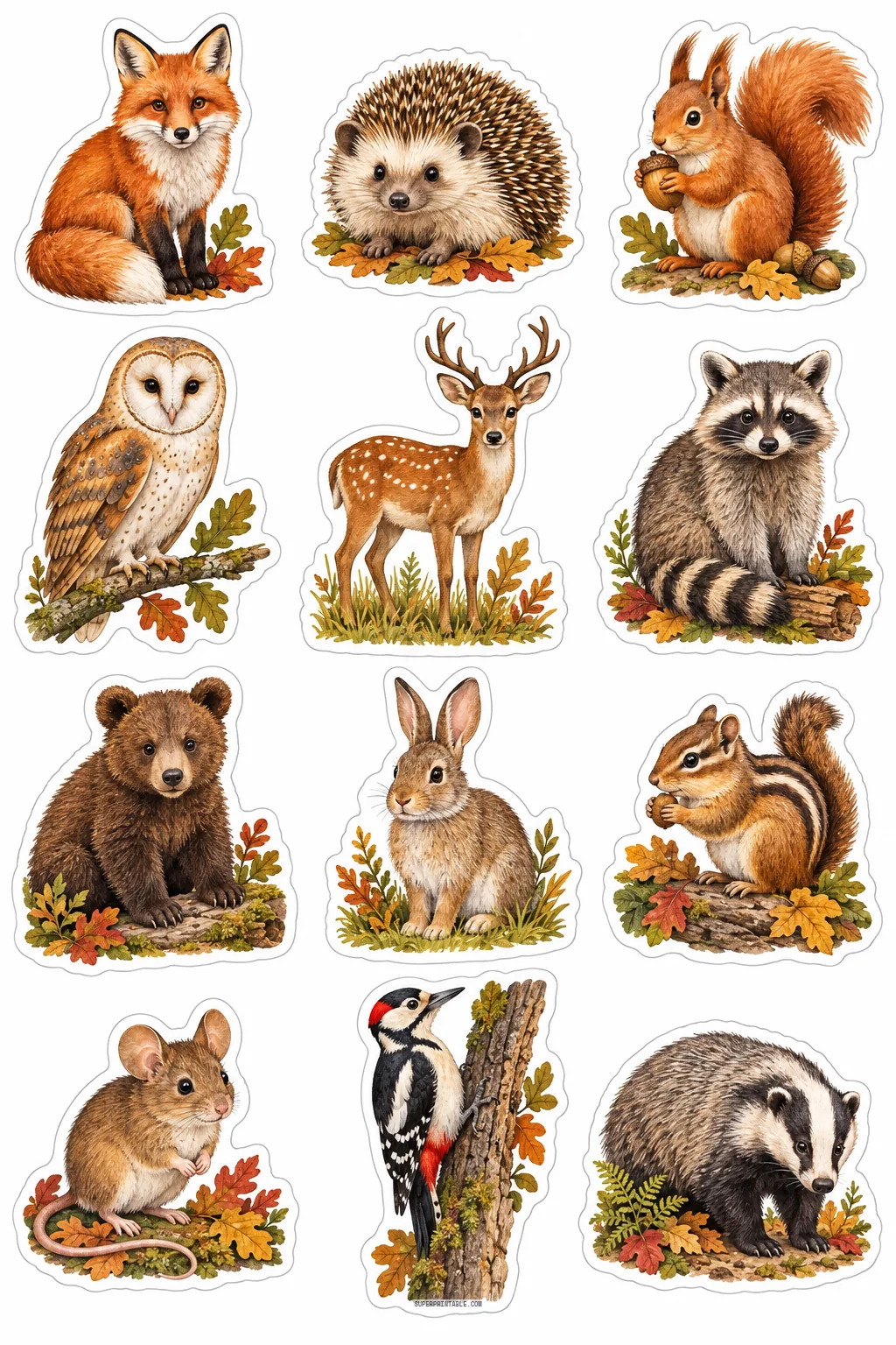 Watercolor woodland animals stickers showing red fox, hedgehog, squirrel with acorn, deer, and barn owl