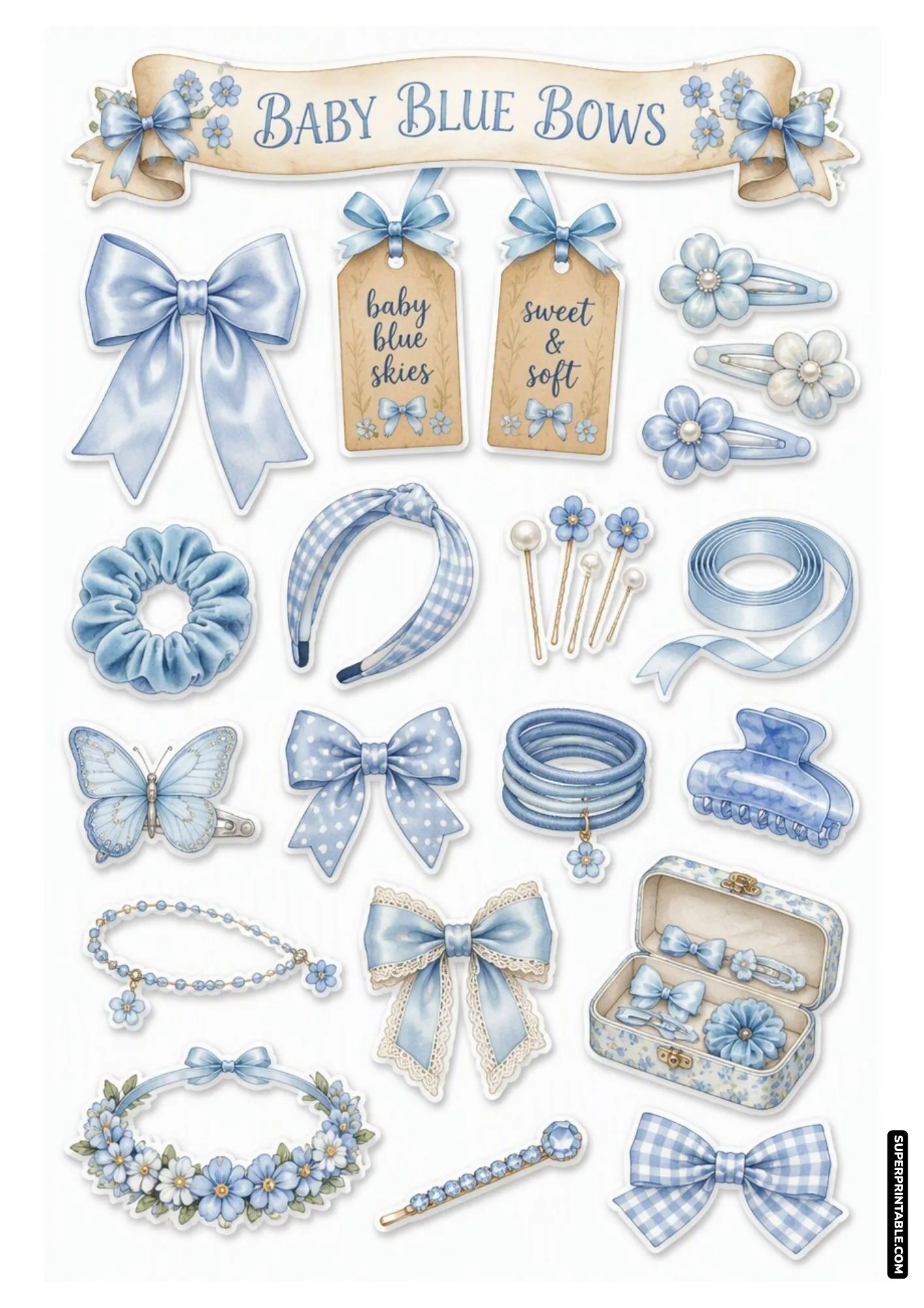 Baby blue hair bows stickers featuring light blue flower clips, gingham headband, and blue scrunchie.