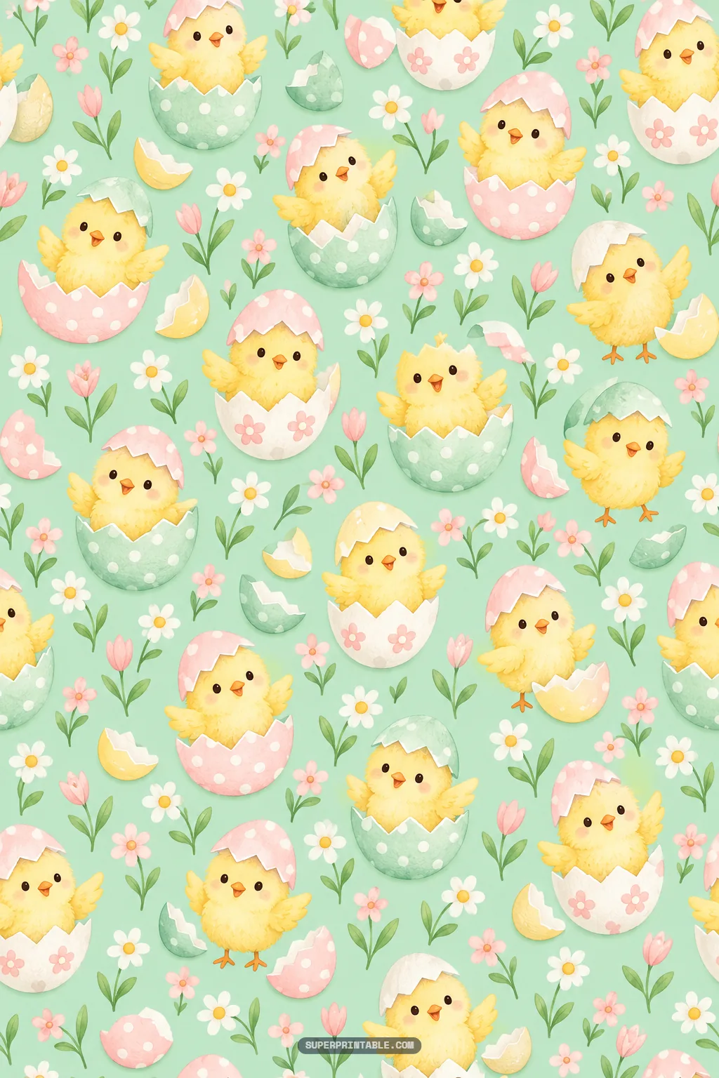 Cute fluffy yellow chicks emerging from patterned pastel eggshells with spring tulips on pale mint green