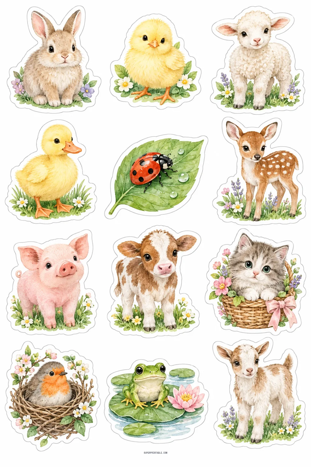 Adorable baby spring animals including fluffy bunny, lamb, chick, and fawn surrounded by clover and wildflowers