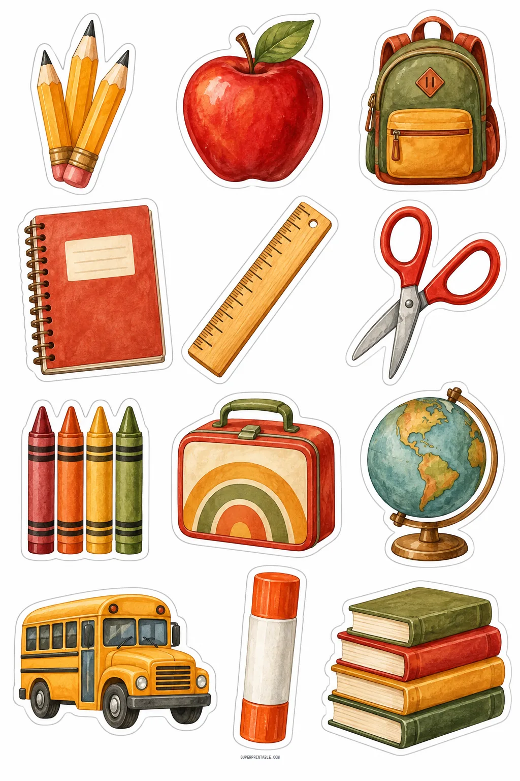 Back to school supplies stickers featuring yellow school bus, pencils, red notebook, and vintage backpack
