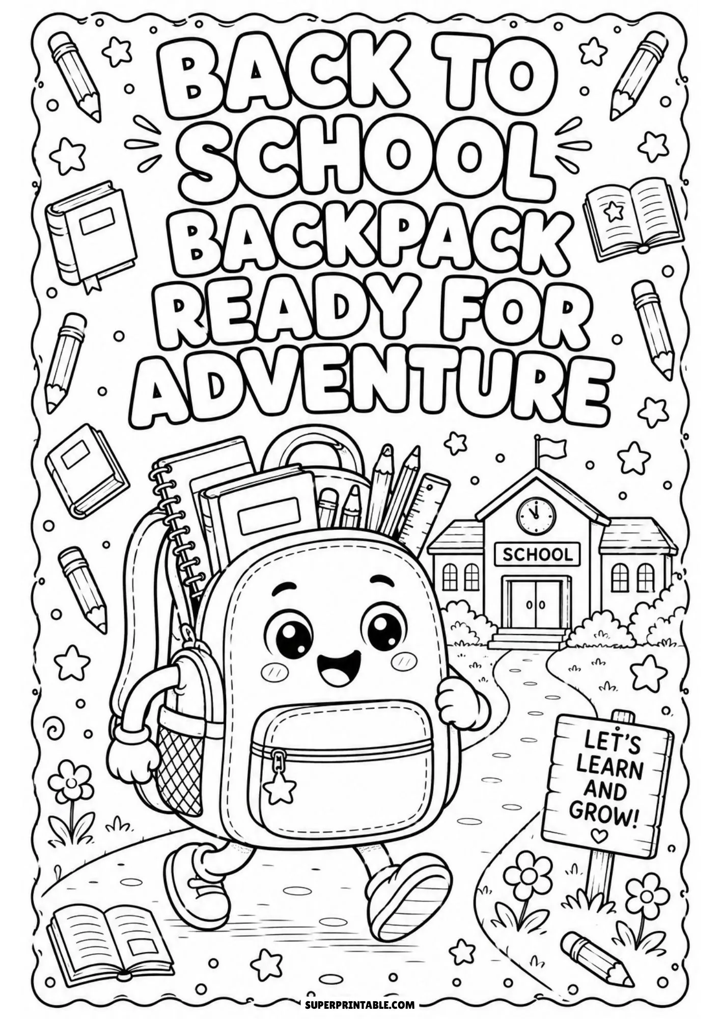 Cute backpack character walking to school on a path past a wooden sign.