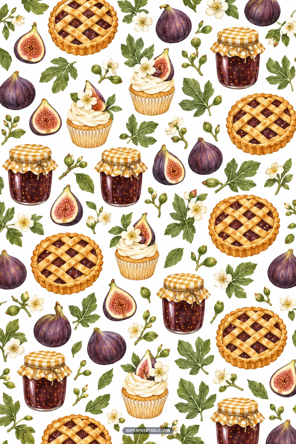 Watercolor bakery pattern featuring lattice fig pies, frosted cupcakes, and jars of fig preserve on white