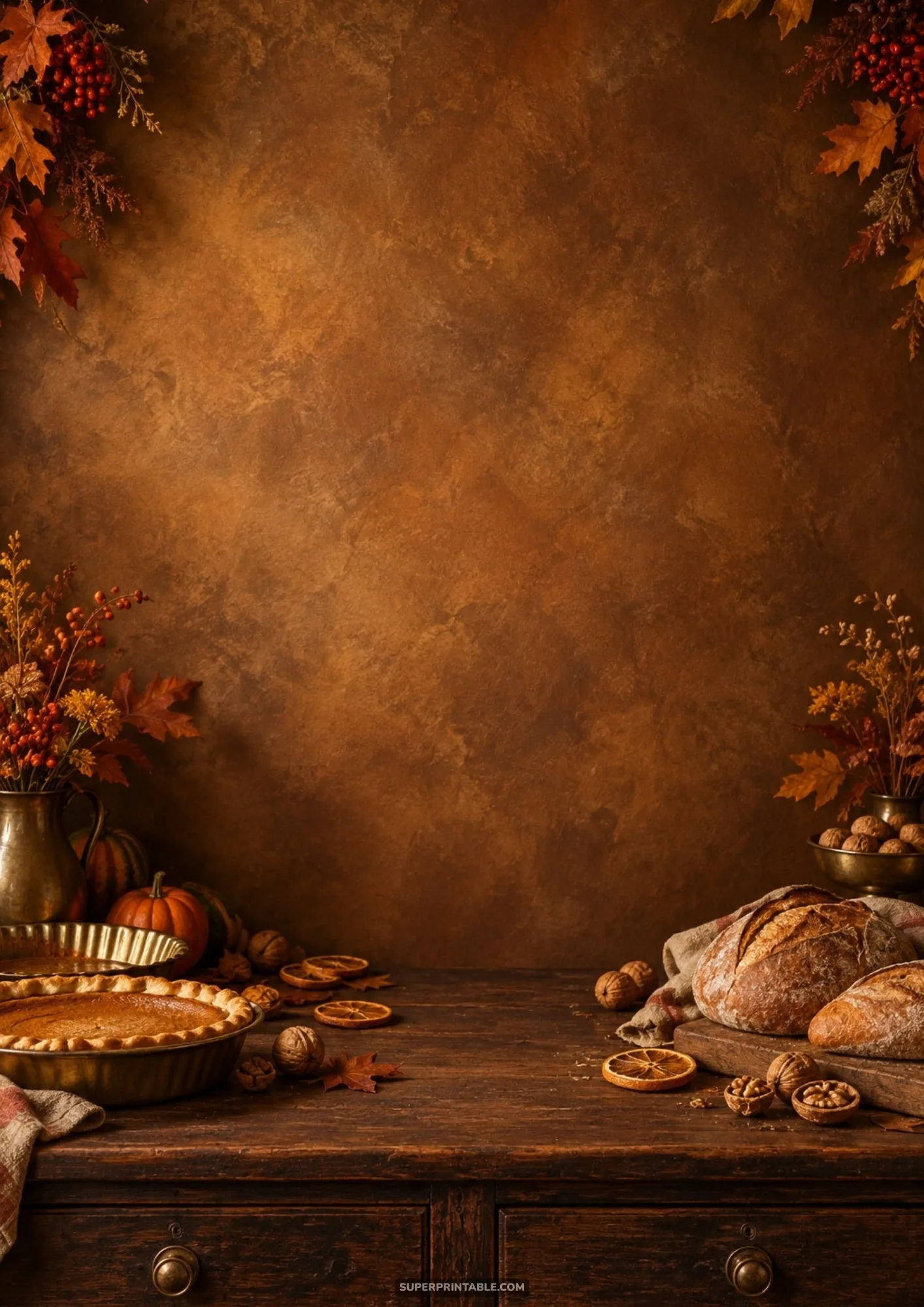 Golden pumpkin pie in a tin alongside crusty sourdough bread and walnuts on an aged wood surface