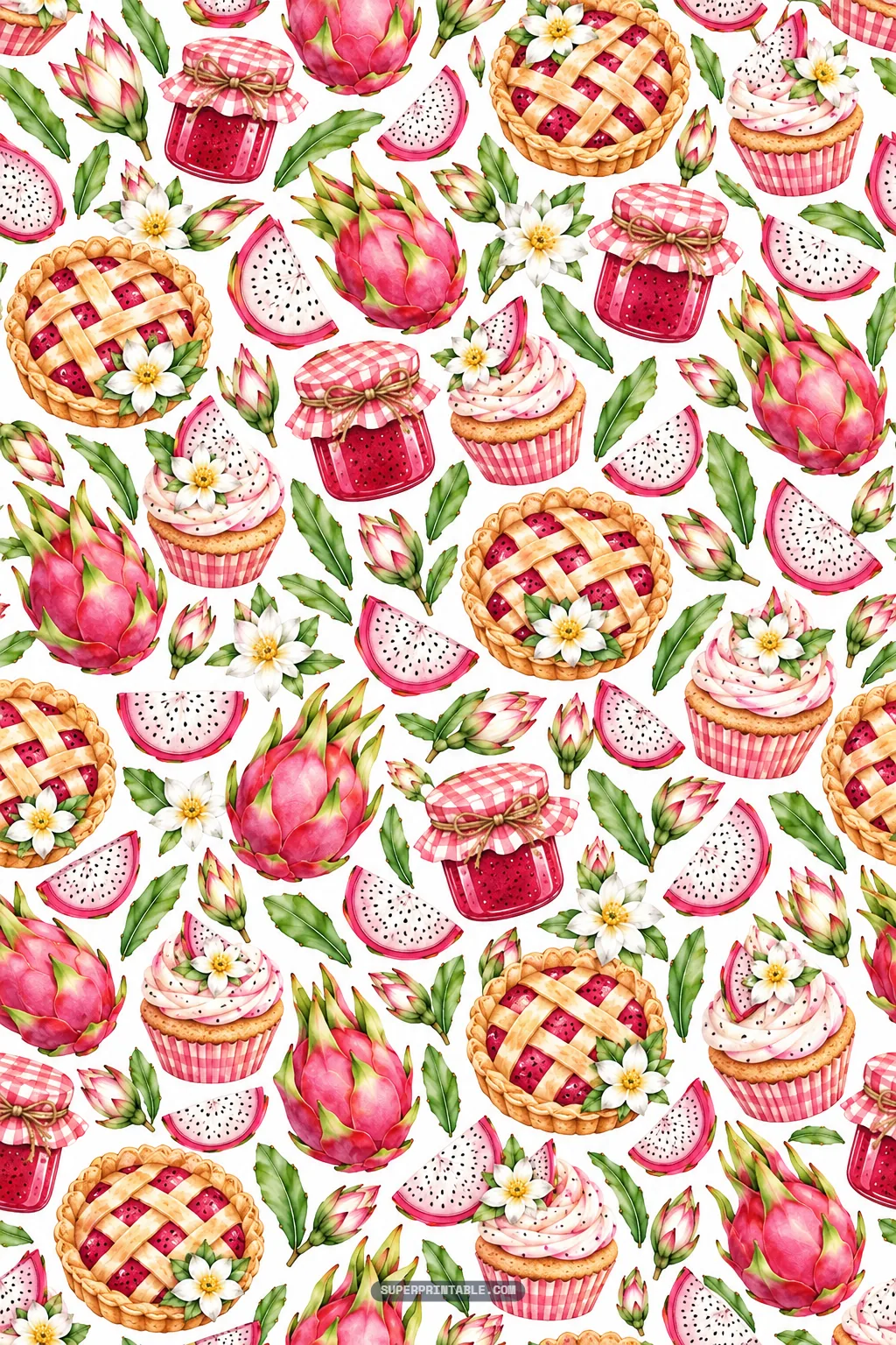 Golden lattice pies, frosted cupcakes, dragon fruit jam jars, and fresh tropical fruit on white.