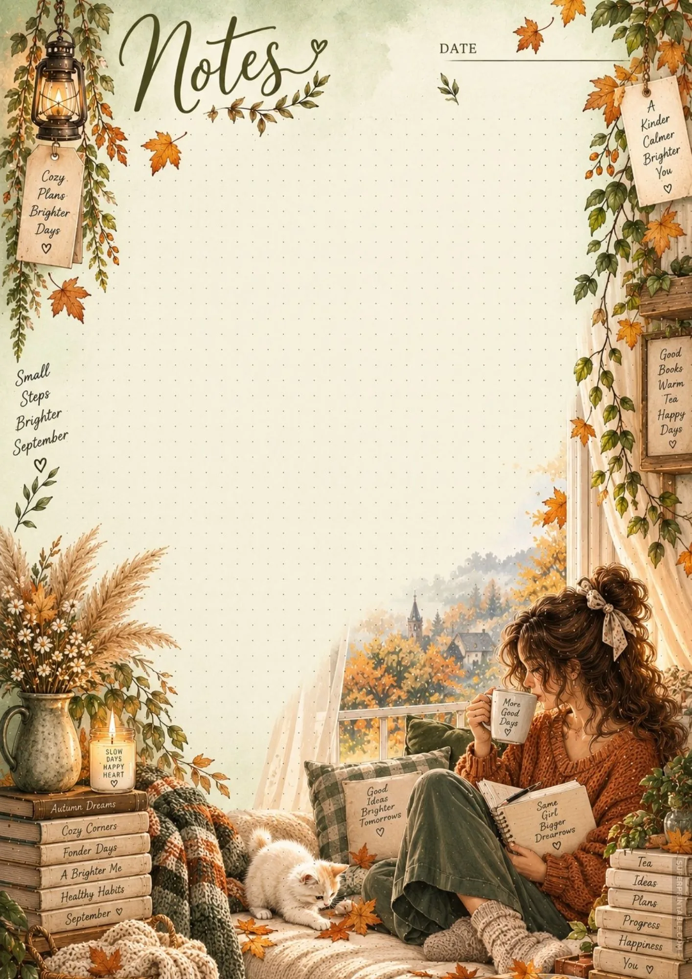 Autumn tea drinking note page design featuring golden tree views and stacked books.
