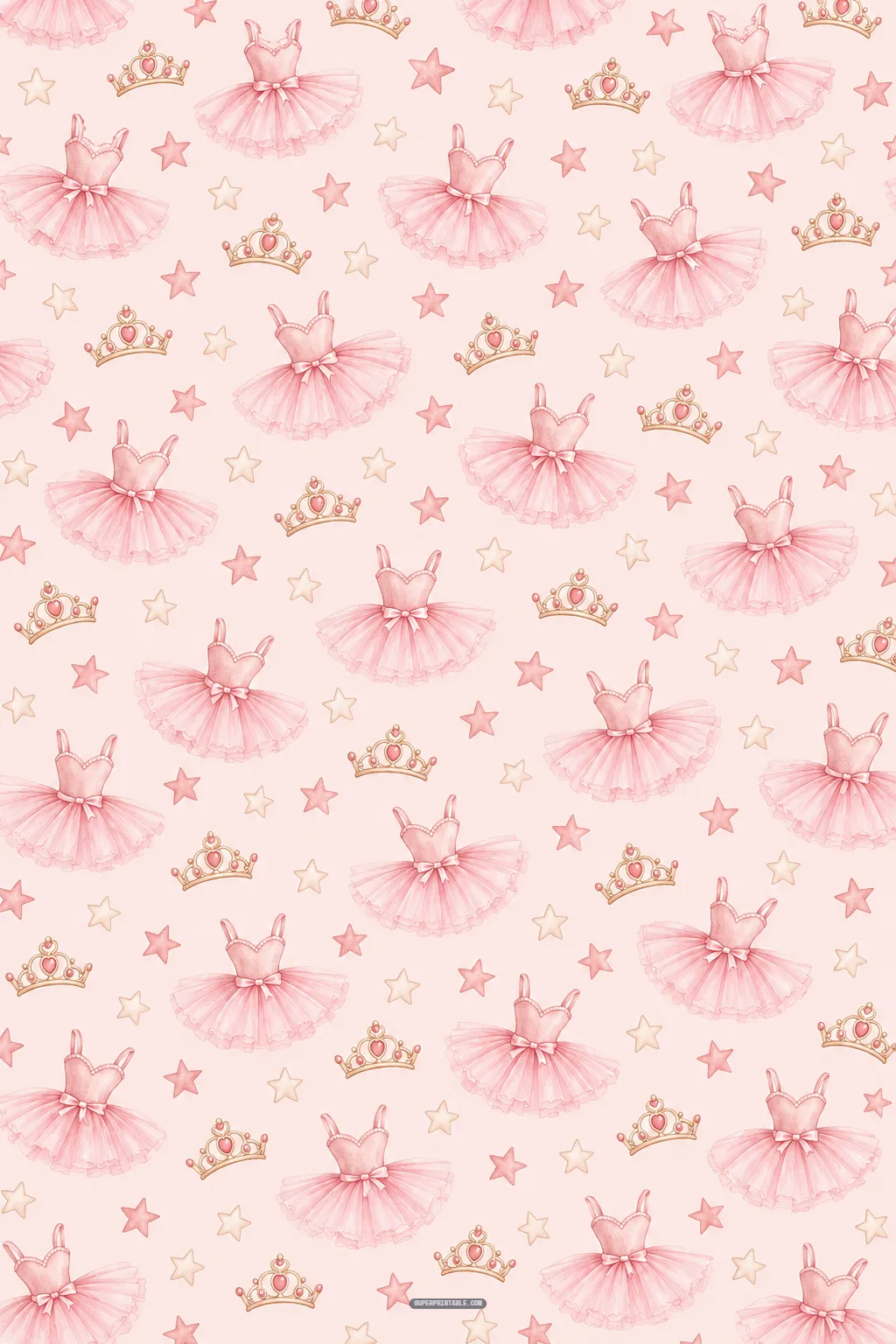 Fluffy pink ballet tutus, sparkling golden tiaras, and soft pastel stars scattered on a blush background