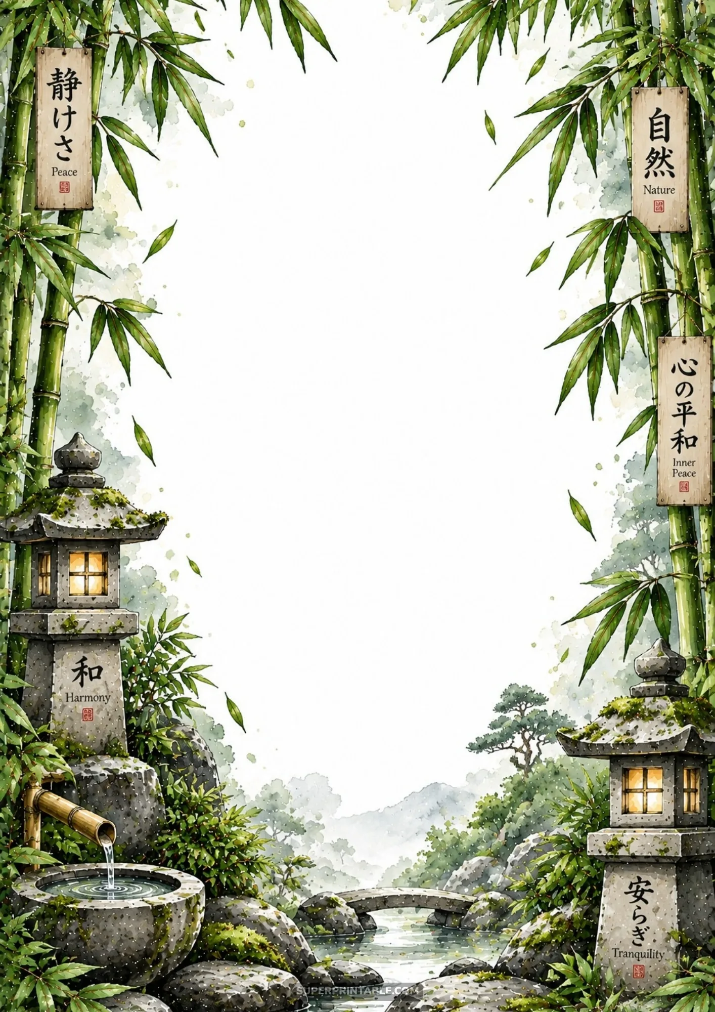 Tall bamboo stalks, stone garden lanterns, and wooden kanji plaques framing a tranquil watercolor page.