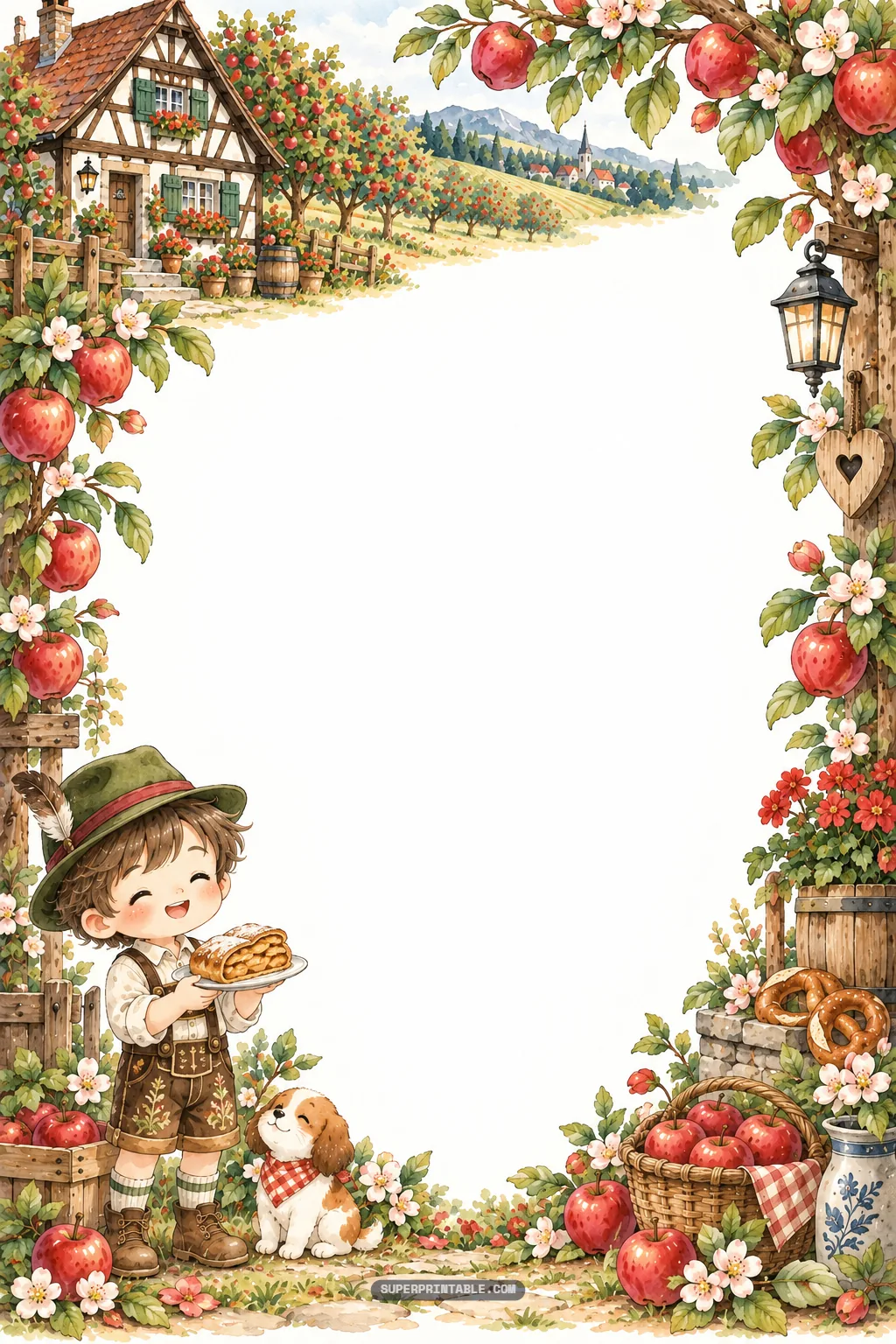 Boy in lederhosen holding warm apple strudel beside timber cottage and pretzels