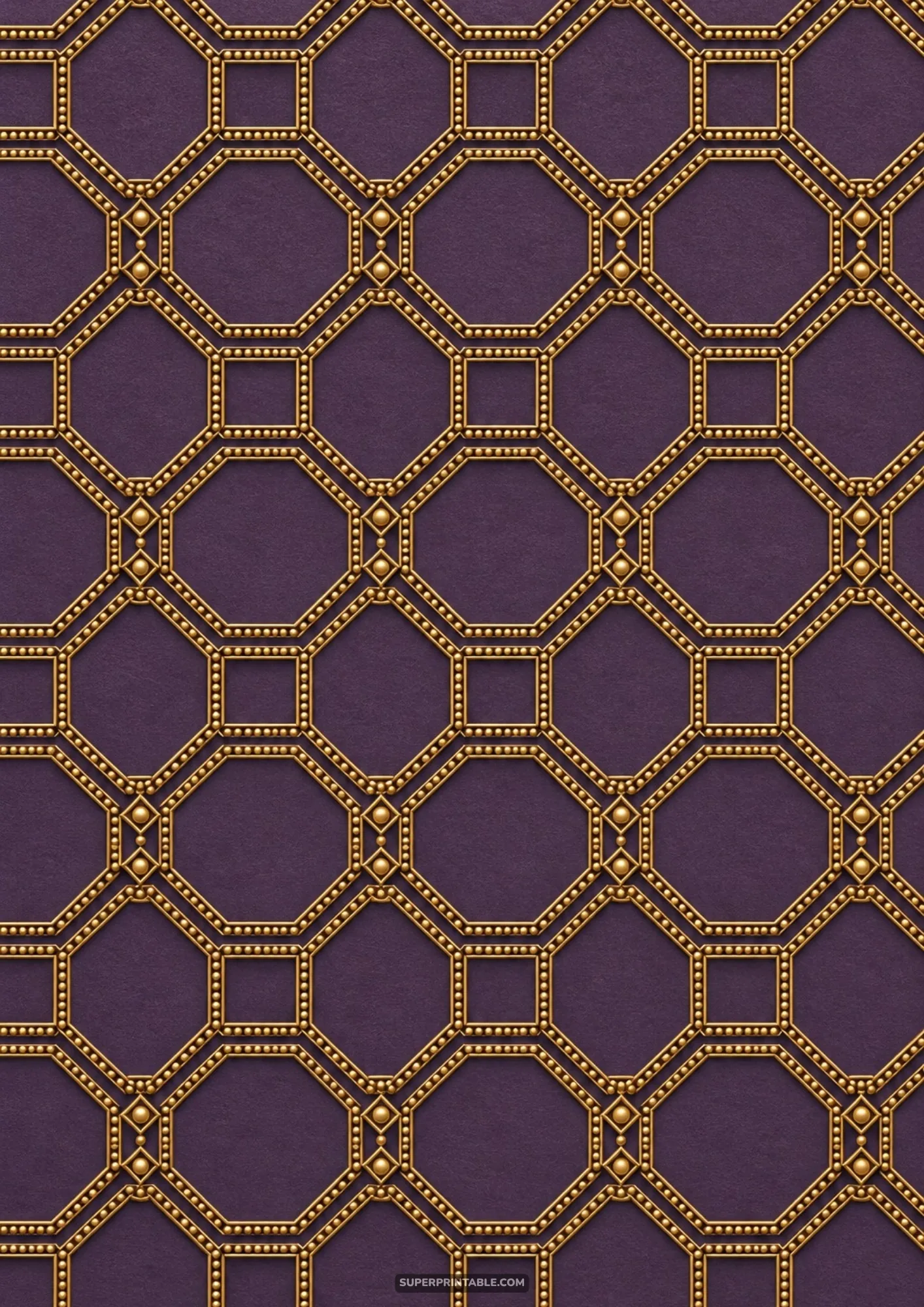 Intricate beaded gold octagon trellis pattern embossed on textured royal purple paper