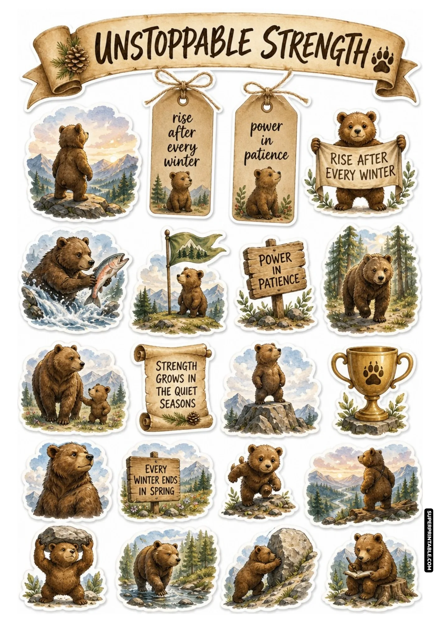 Grizzly bear sticker sheet featuring wilderness river scenes, cute cubs, and rustic mountain decals