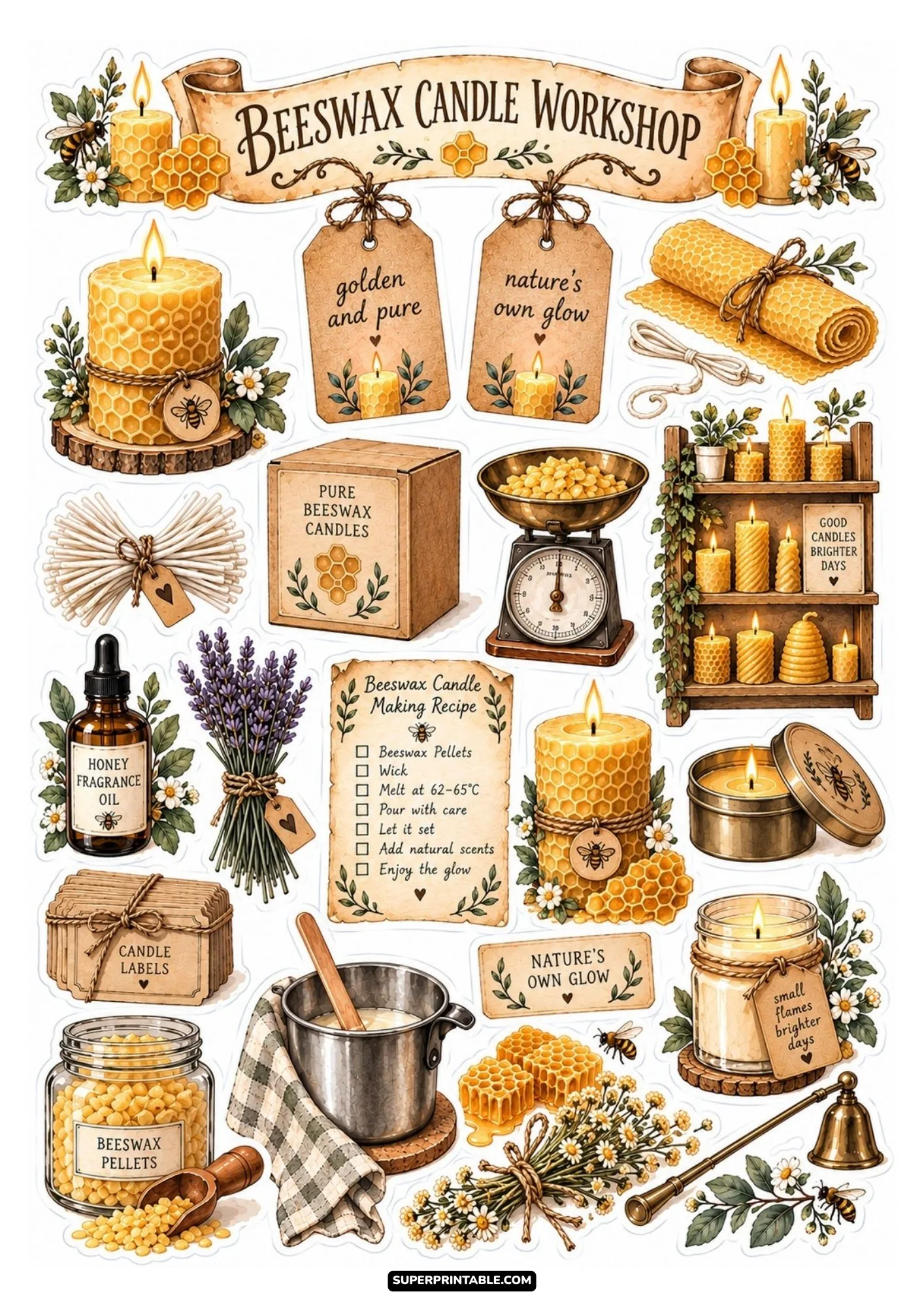 Natural beeswax candle workshop sticker sheet featuring golden honeycomb pillar candles, honeybee motifs, and craft tools.