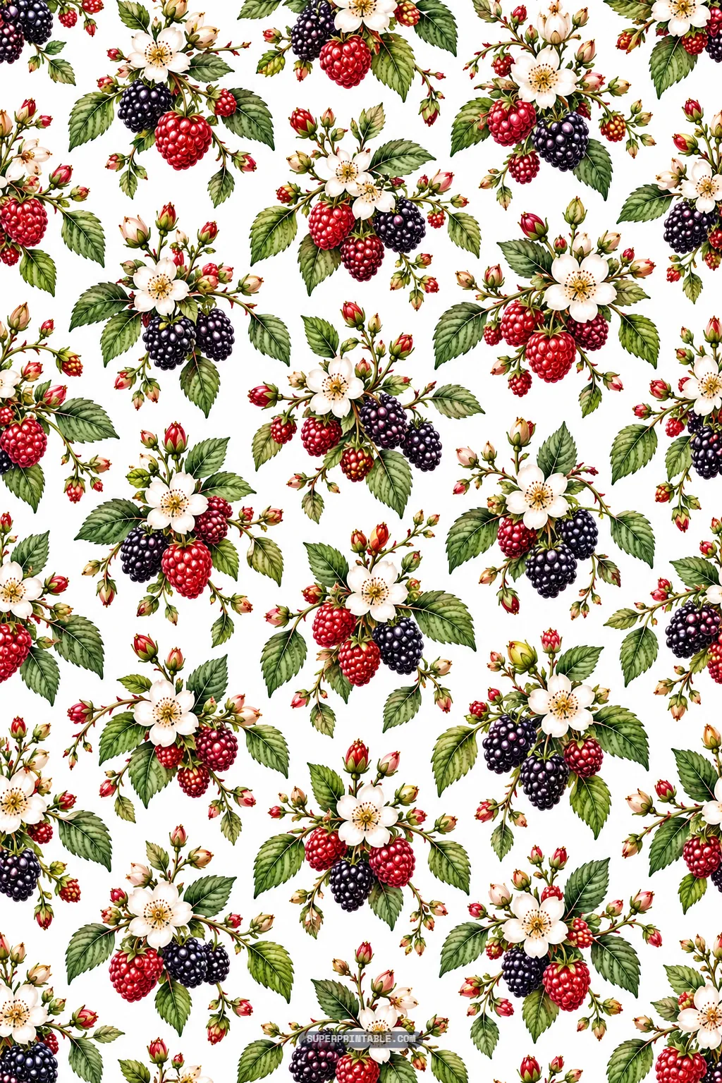 Graceful floral berry posies featuring open white bramble blooms, red raspberries, and foliage