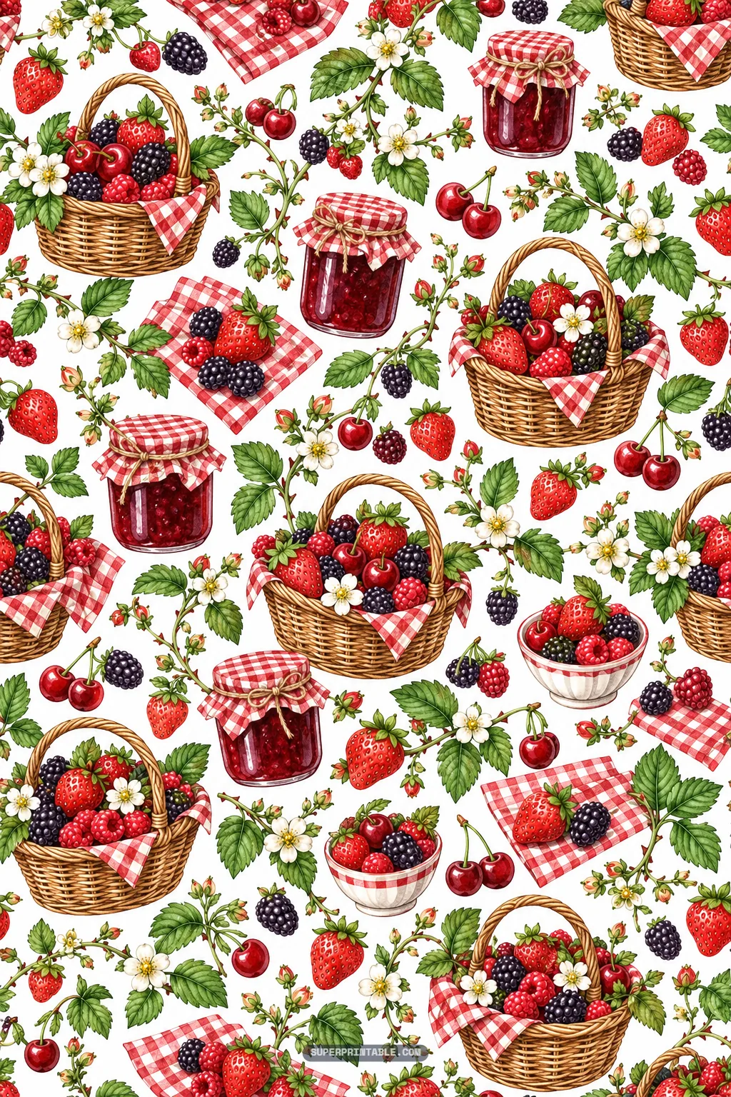 Rustic farm market pattern with woven baskets of fresh berries and gingham cloth jam jars