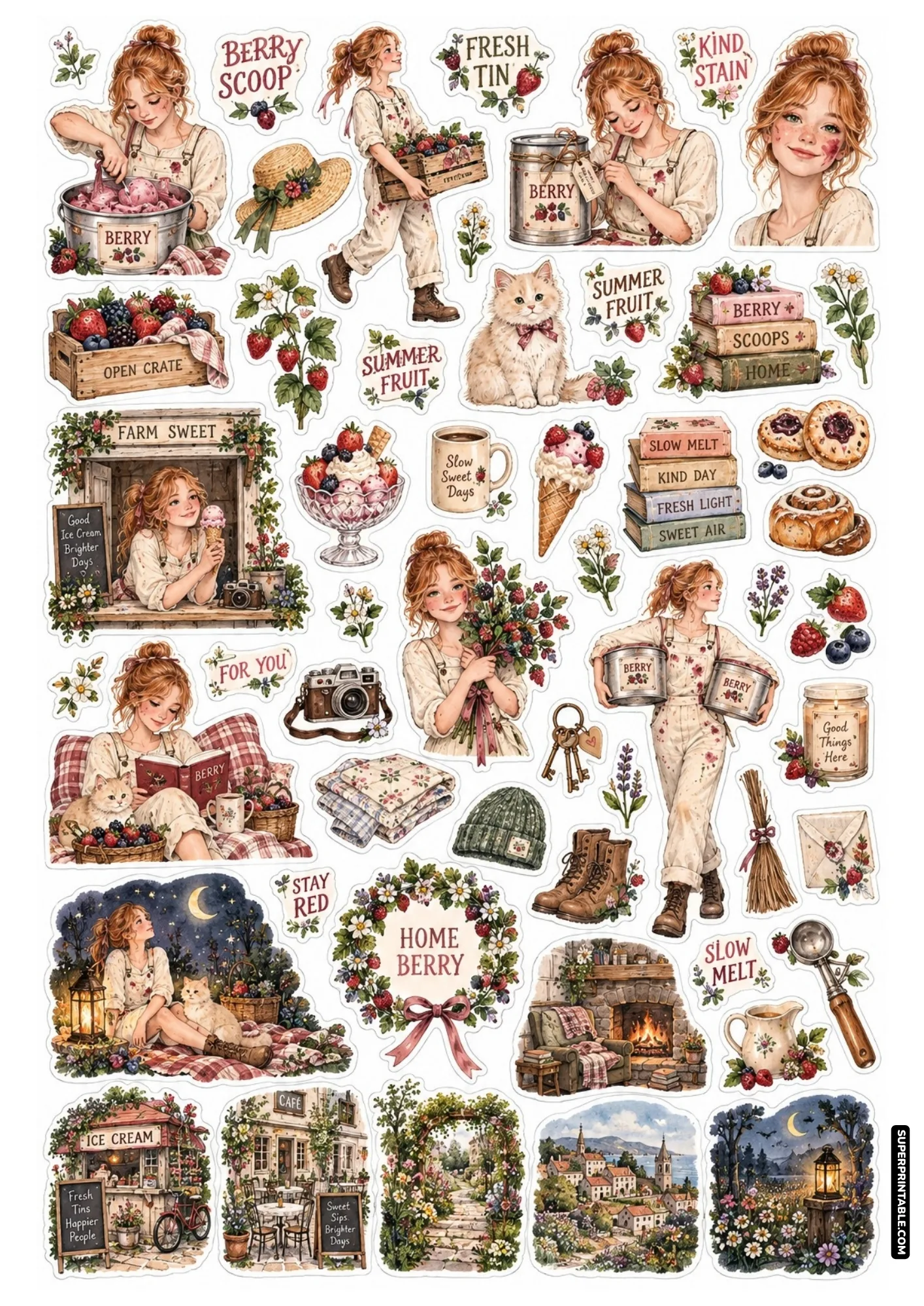 Farmhouse berry ice cream stickers with fresh fruit crates, metal churn tins, red overalls, and garden paths.