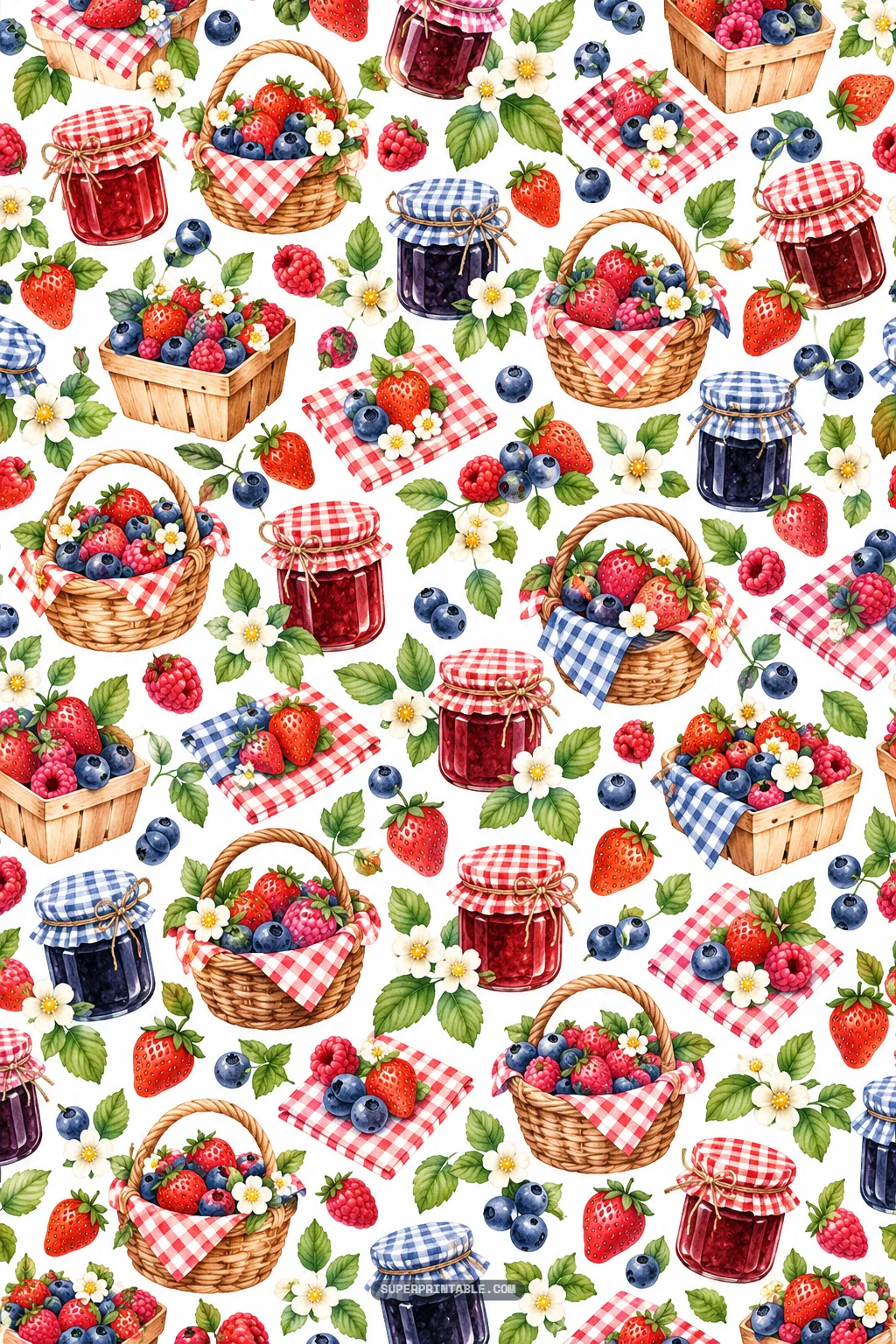 Woven picnic baskets of fresh berries, checkered preserve jars, and wooden punnets on white.