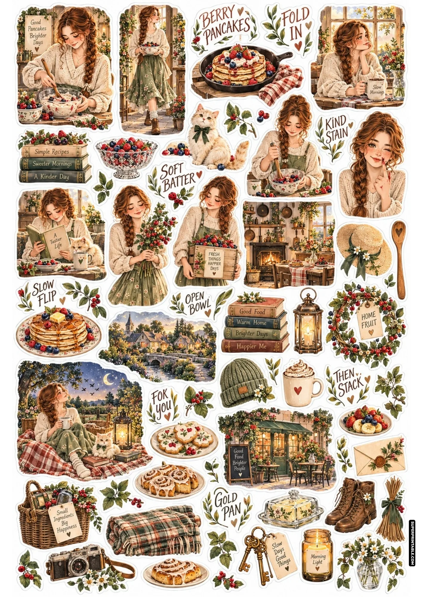 Cozy morning stickers showing berry mixing bowl batter, skillet pancakes, a braided baker, and rustic cottage vignettes