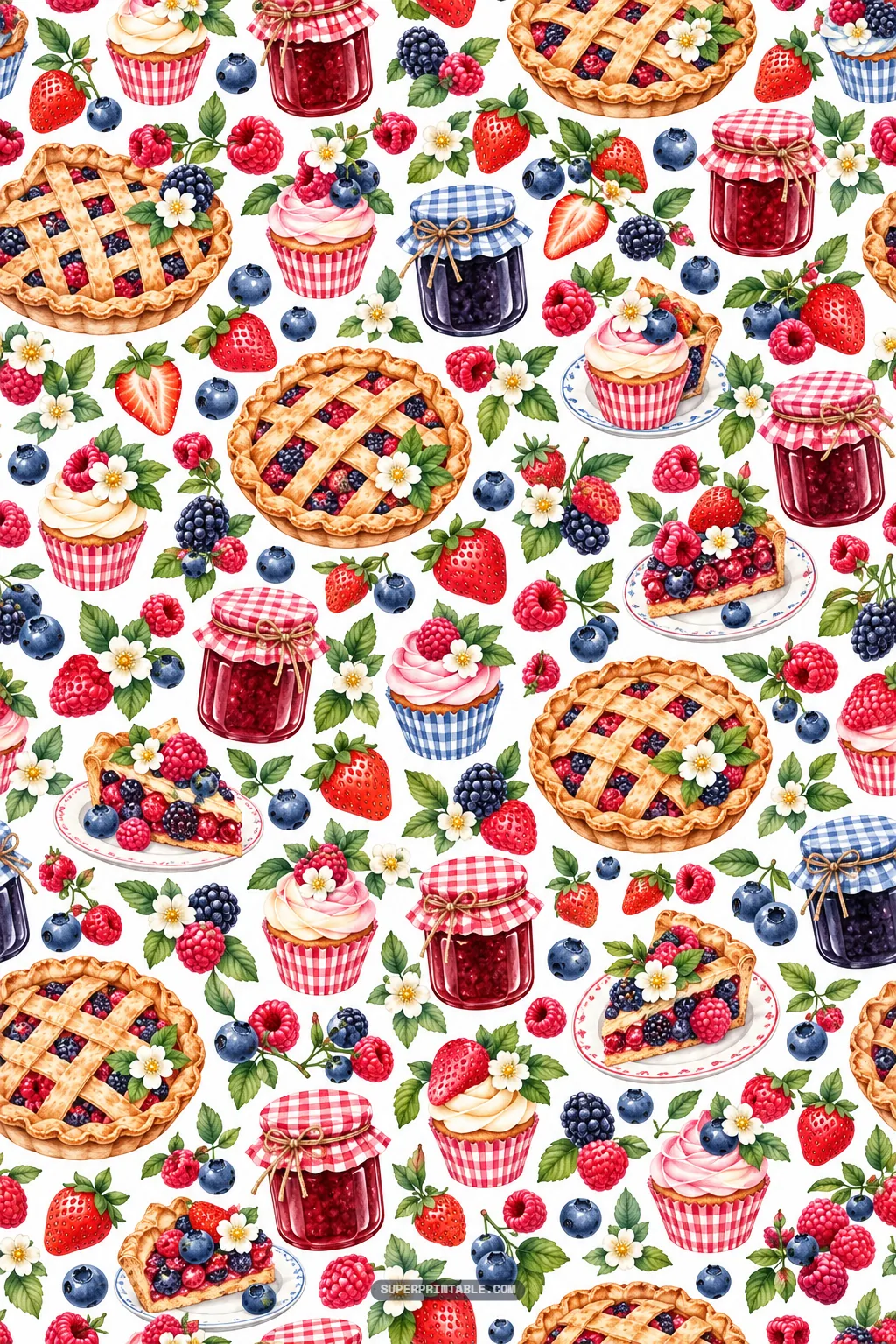 Golden lattice berry pies, fruit tart slices, frosted cupcakes, and jam jars in a watercolor pattern.