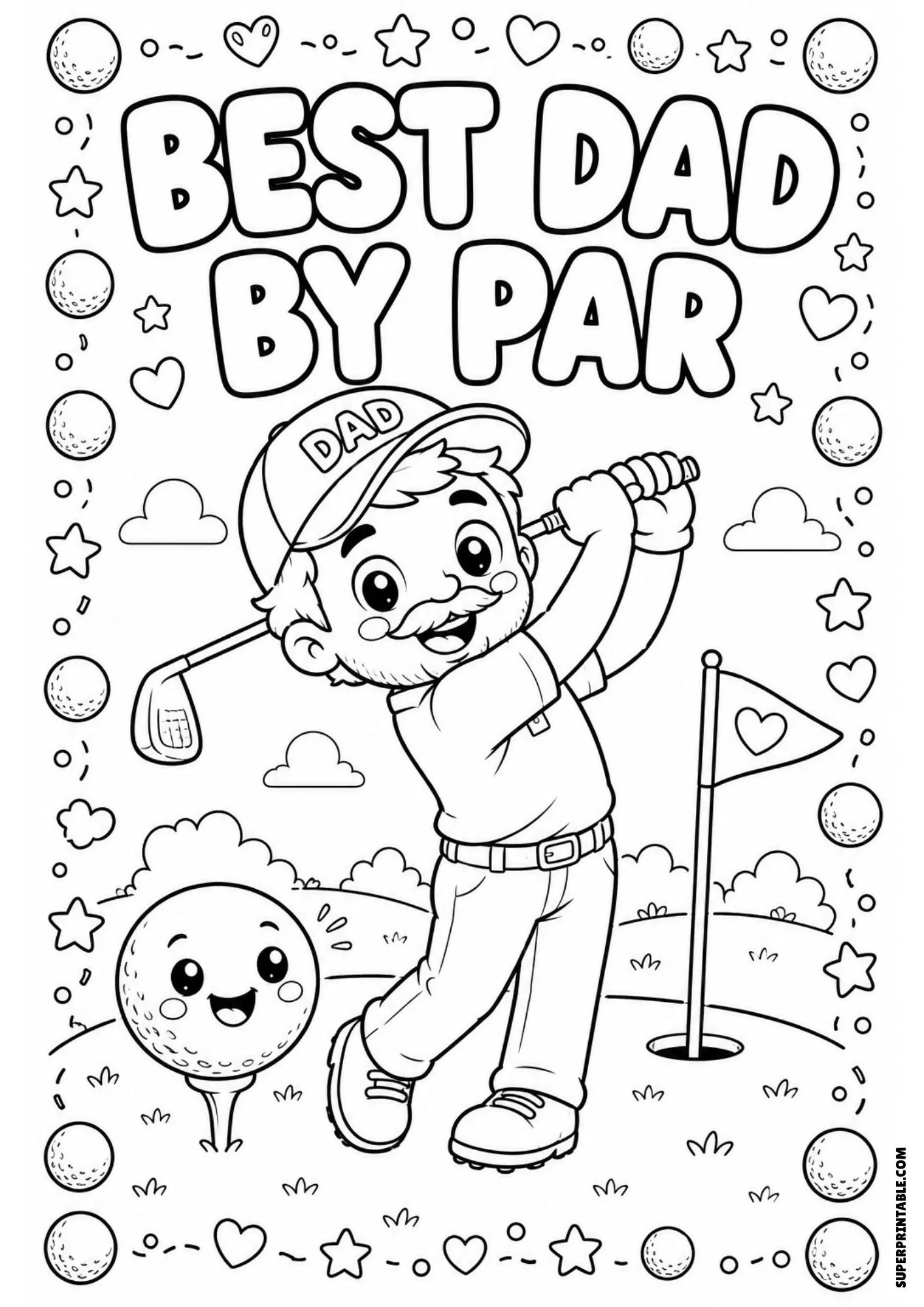 Golf-themed dad jokes coloring pages featuring a dad swinging a golf club on the green.