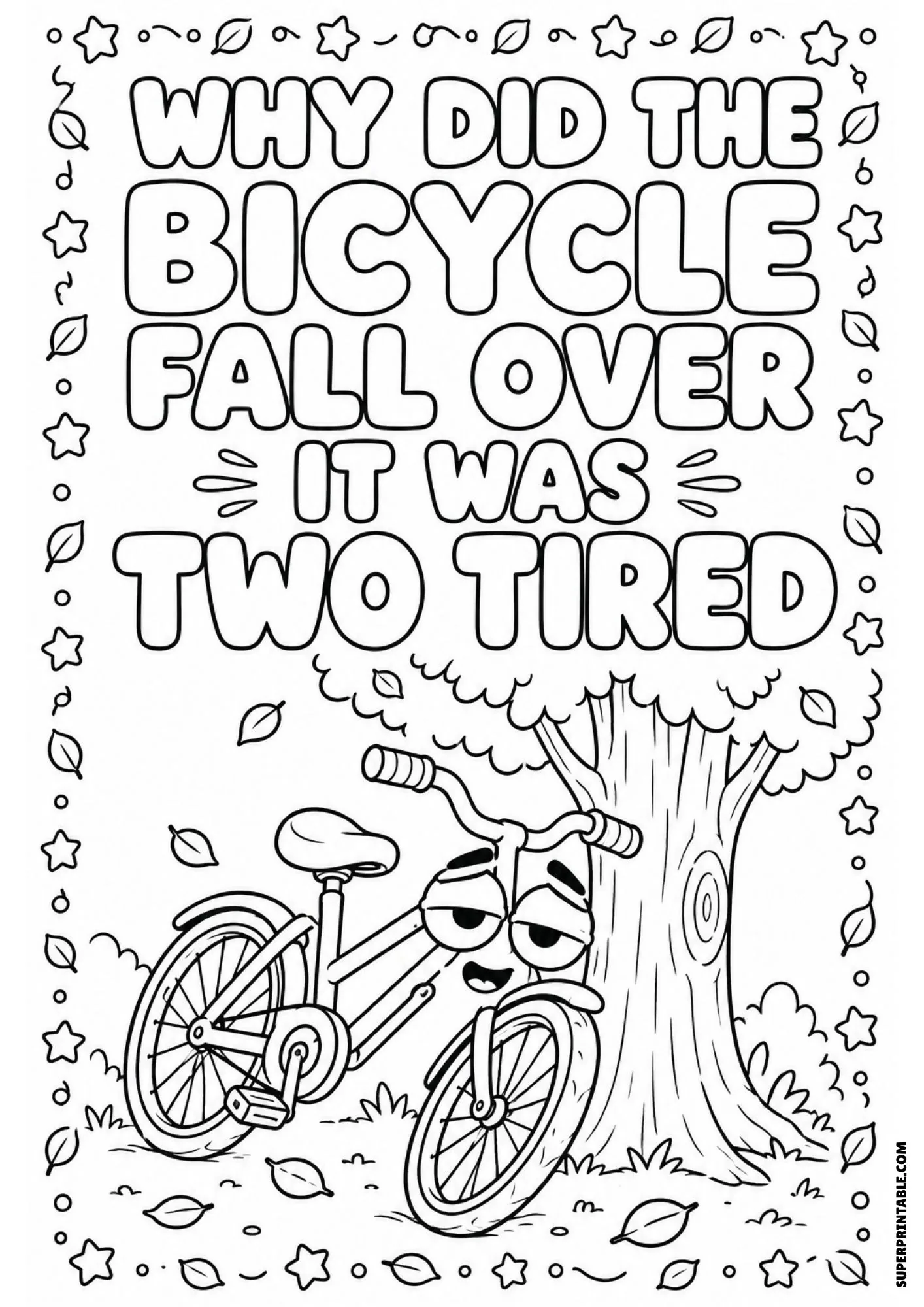 Sleepy bicycle riddle coloring page with a cartoon bike resting against a big leafy tree.