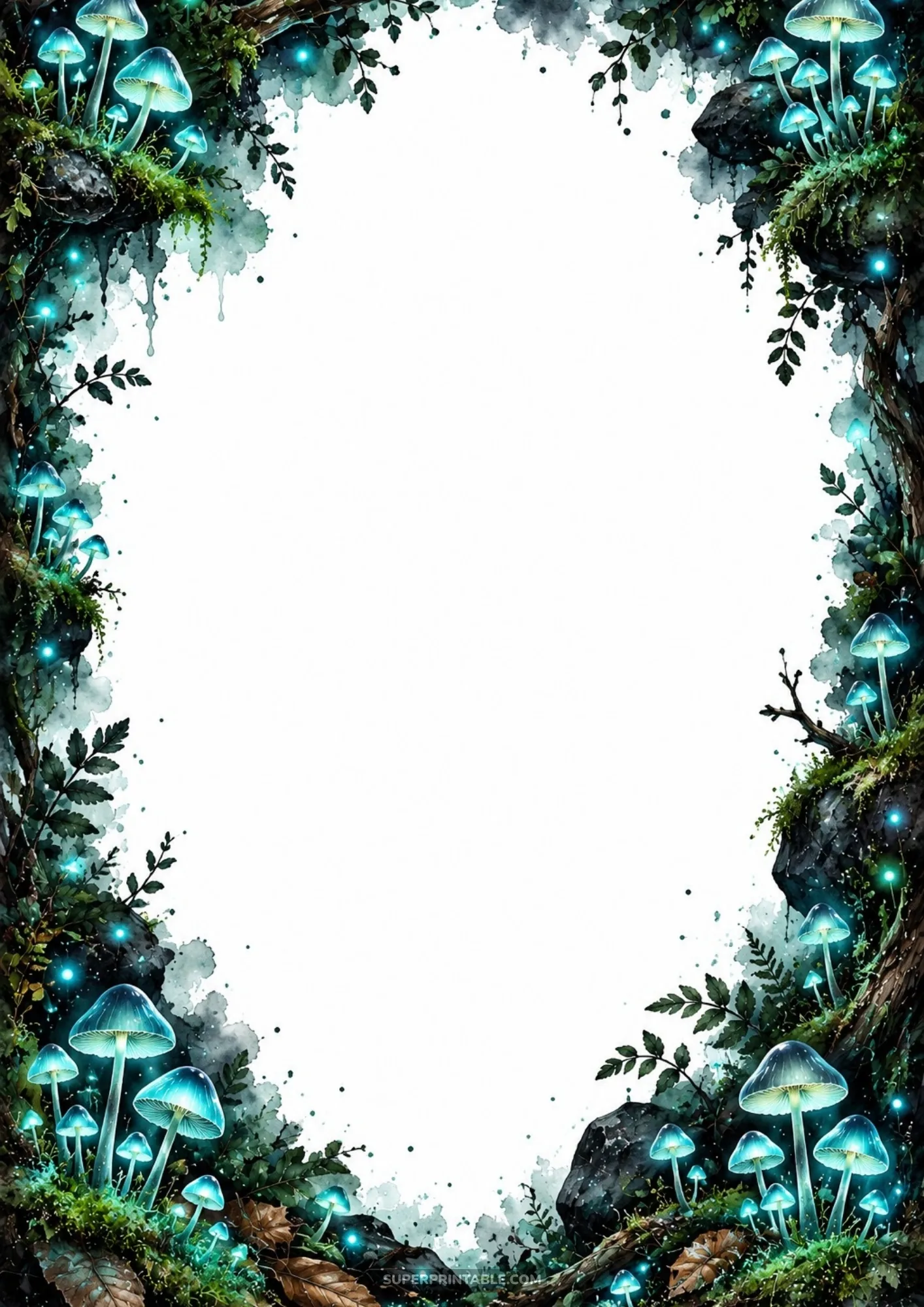 Luminous bioluminescent blue mushrooms glowing in a dark enchanted forest with sparkling spores.
