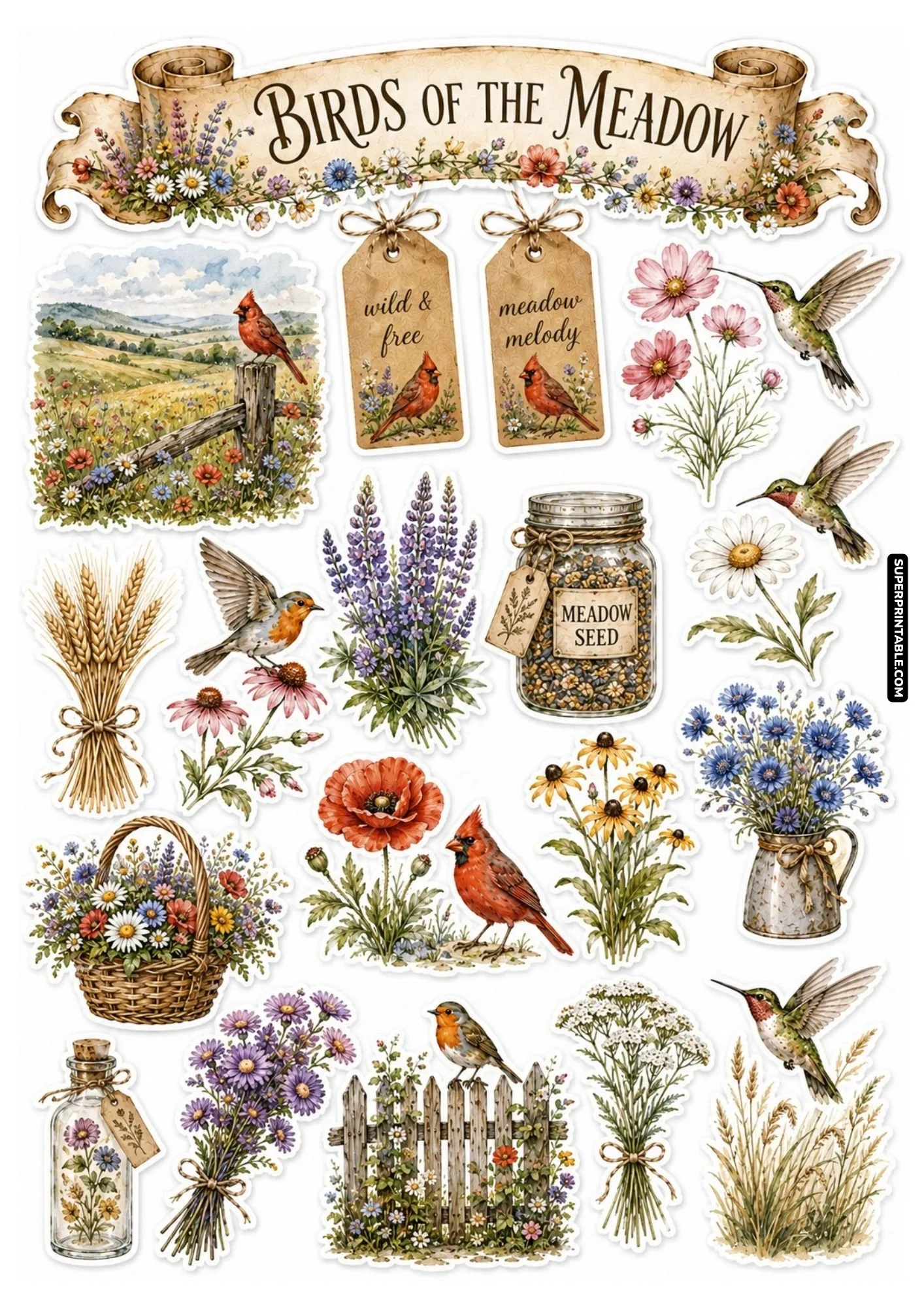 Meadow bird stickers with wild flora, wheat sheaves, daisies, and vibrant open field landscapes.