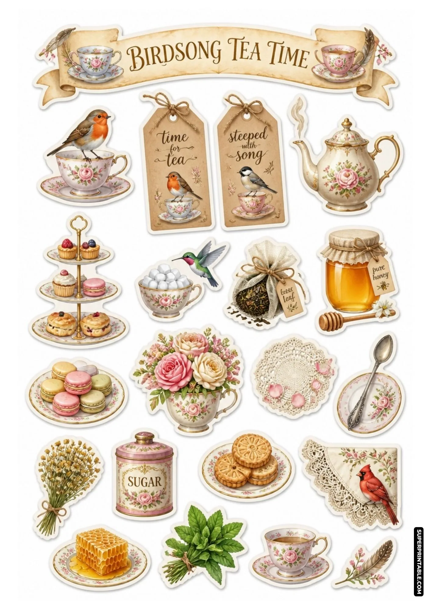 Birdsong tea time stickers with floral teacups, macarons, sugar jars, and lace doilies.