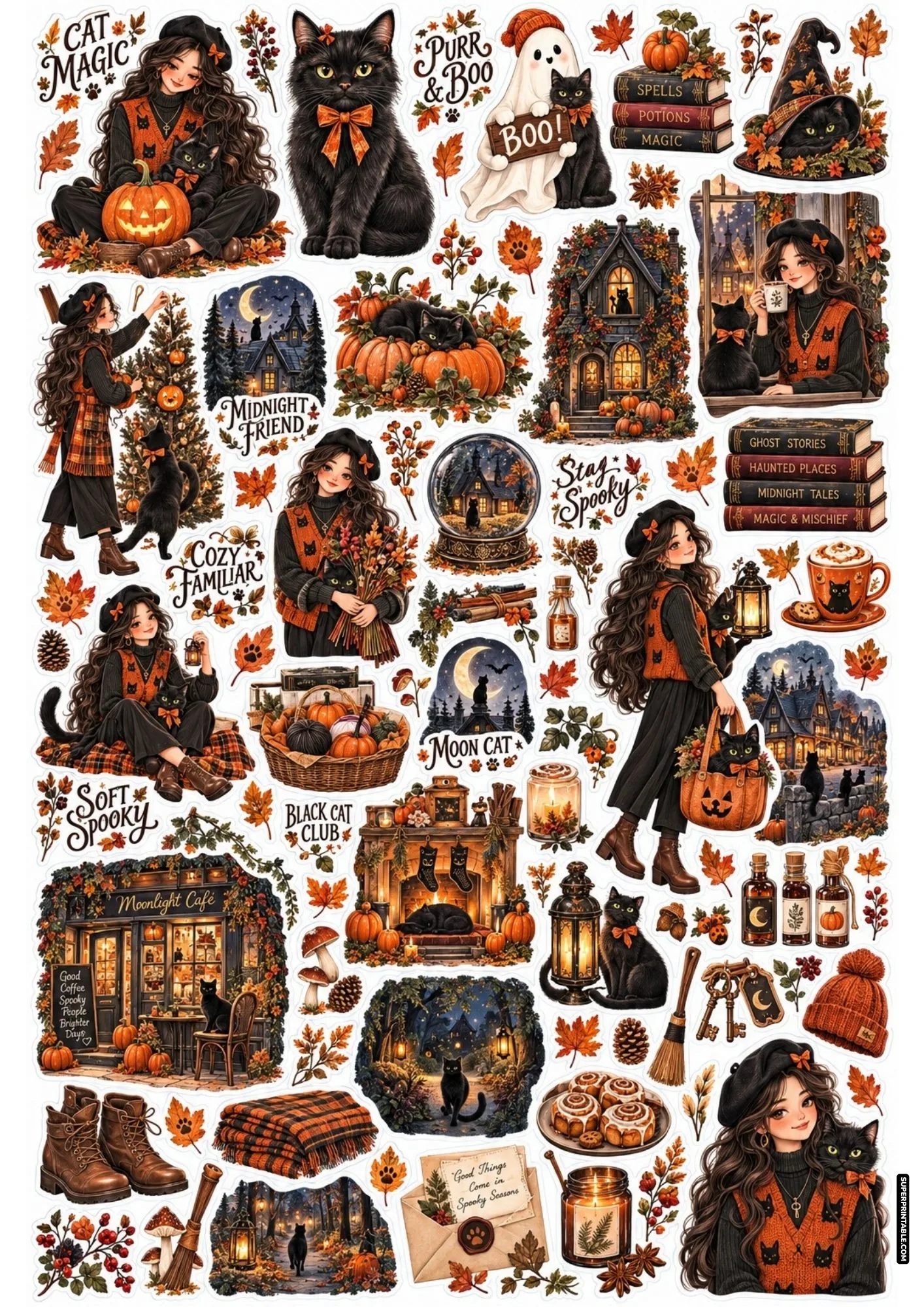 Black cat companion sticker sheet with cozy witches in knit vests, pumpkins, and a nocturnal cafe