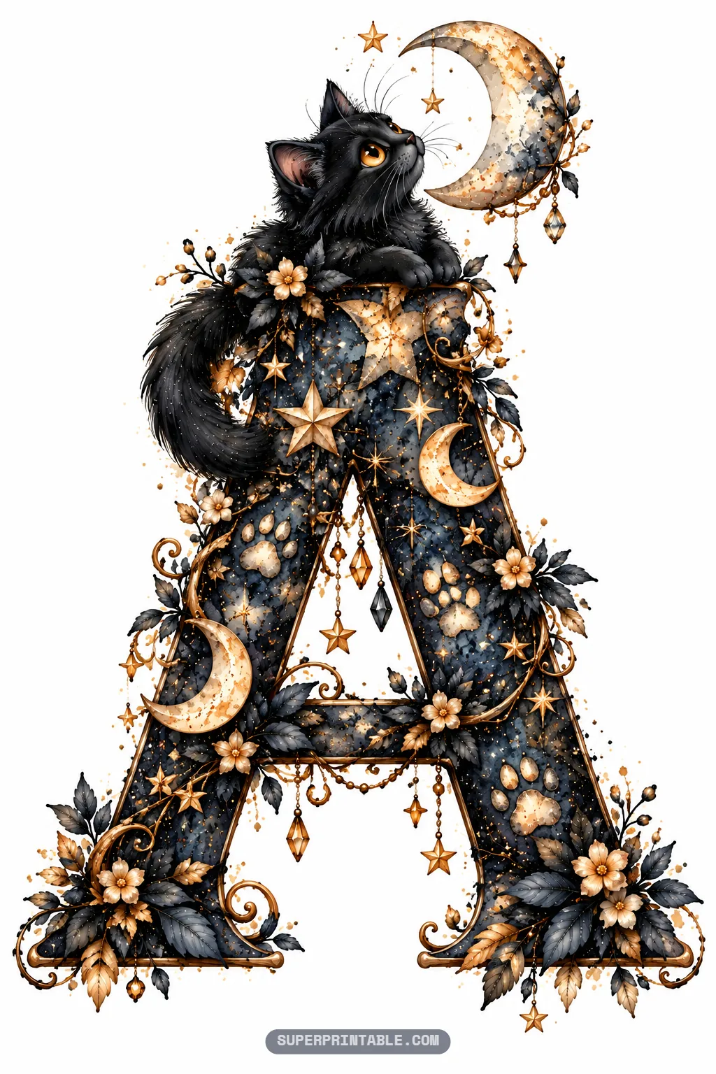 Ornate letter A with black cat alphabet clipart, golden crescent moon, and stars