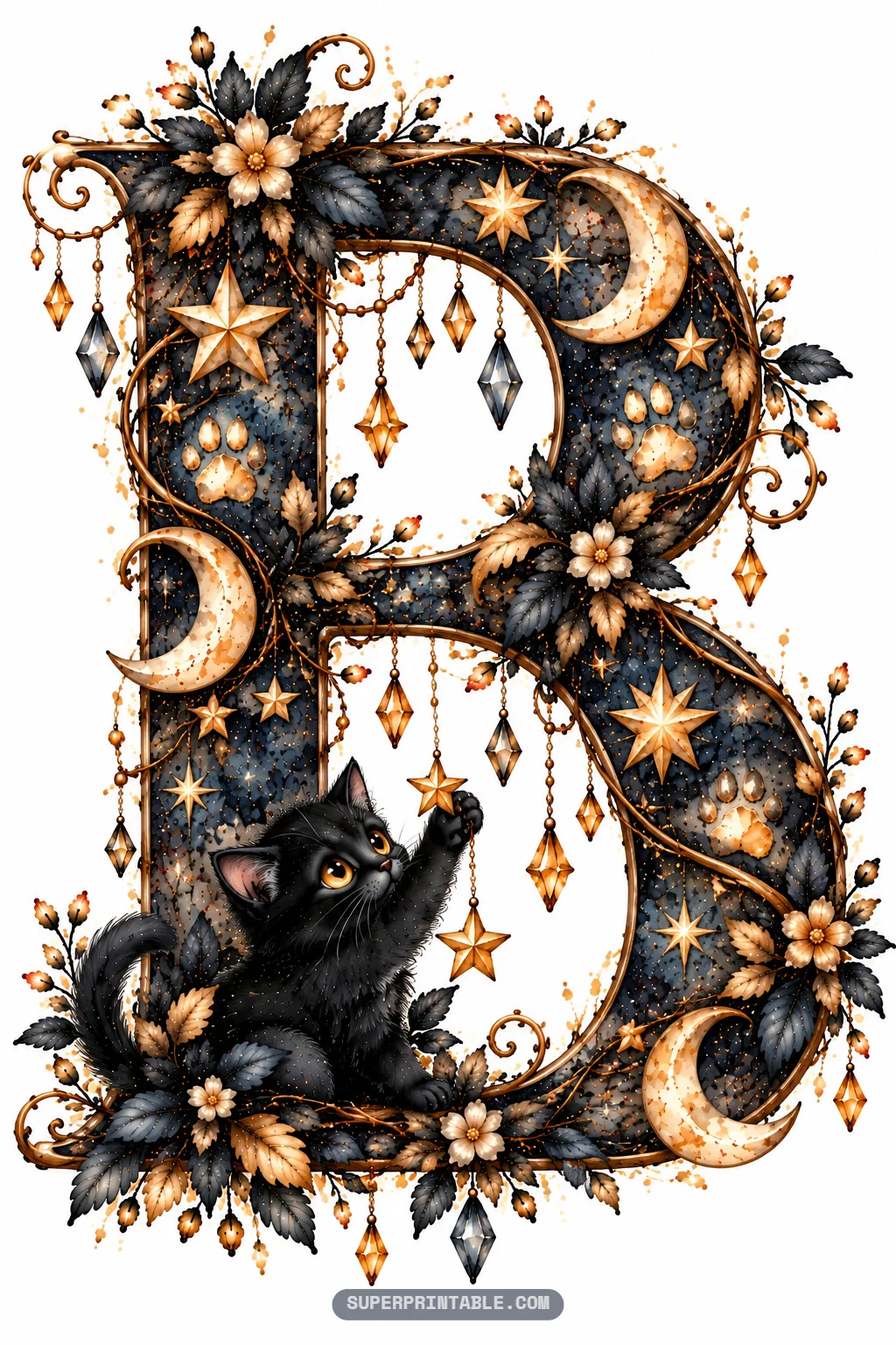 Decorative letter B illustrated with black cat alphabet clipart and dangling stars