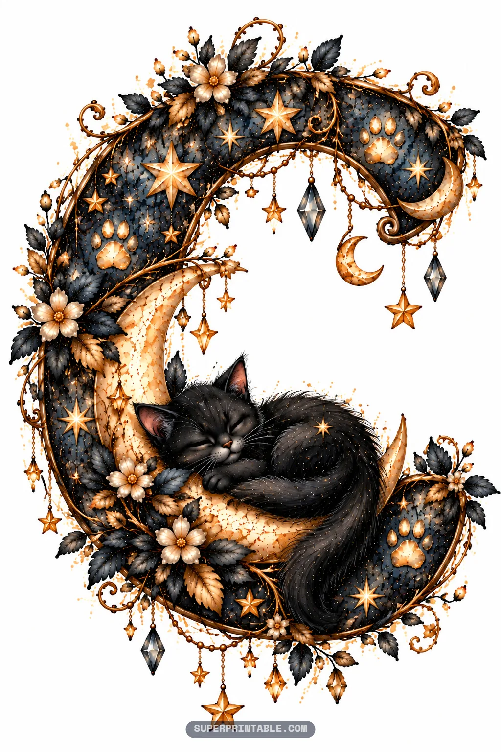 Capital letter C shaped as a starry crescent with a sleeping black kitten inside