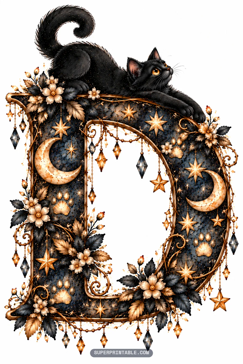 Letter D decorated with bronze filigree, stars, and a lounging black cat on top