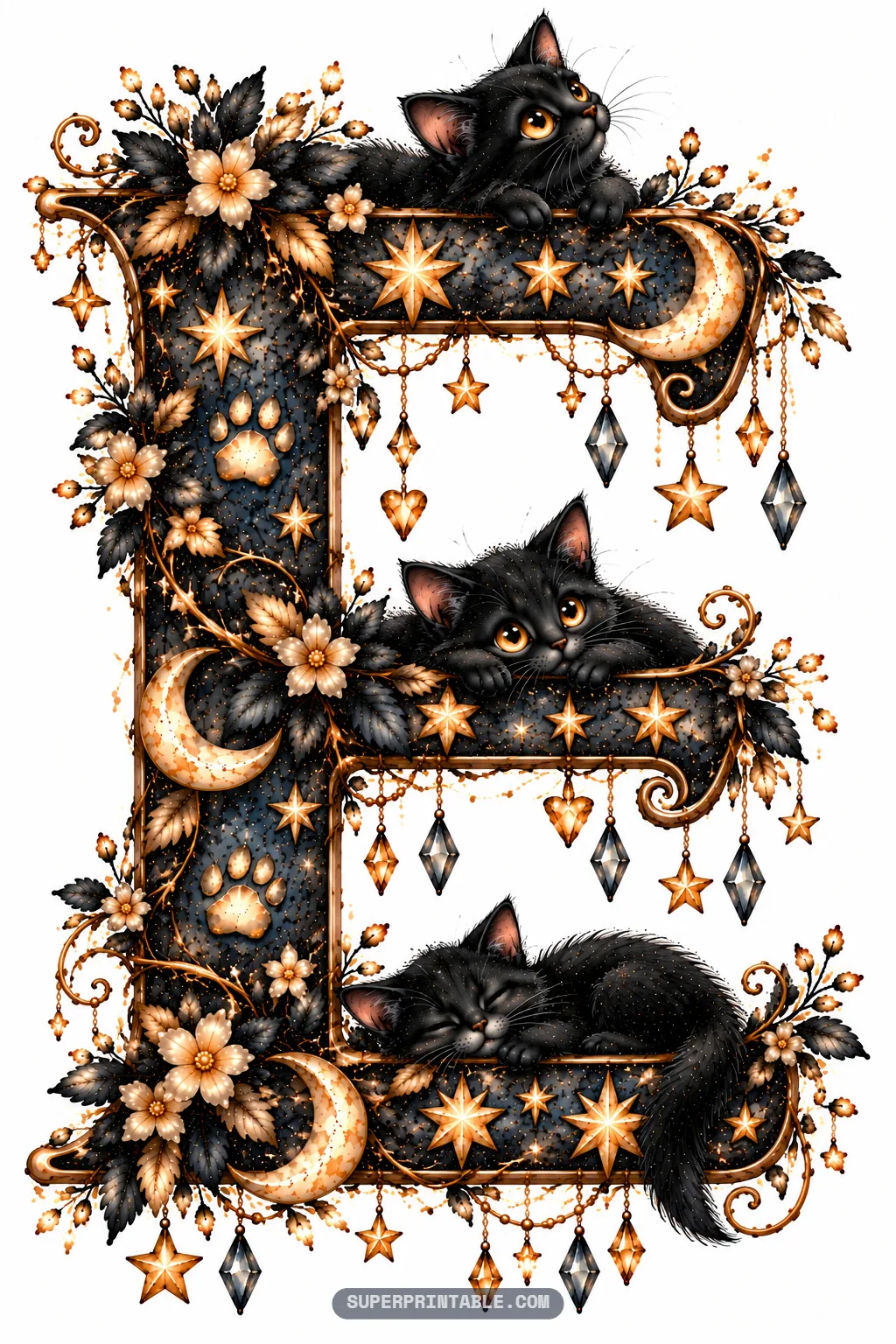 Ornate capital letter E with three cute black cats nestled on celestial shelves