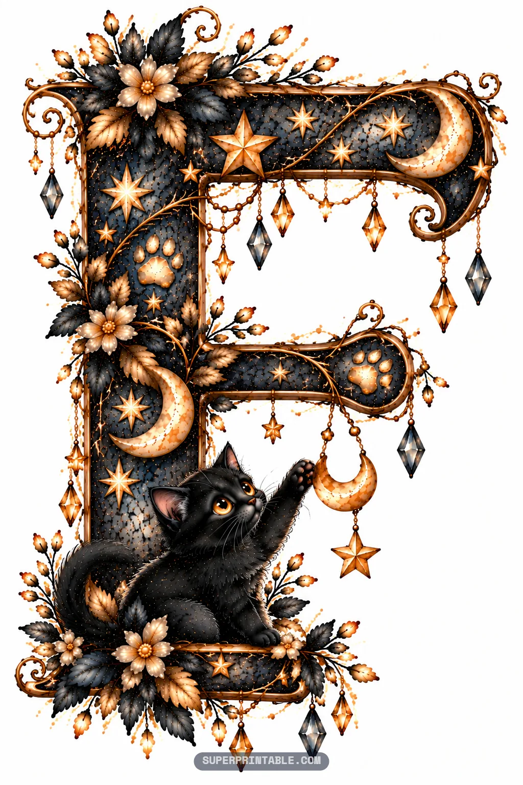 Intricate letter F with a curious black cat reaching toward a golden crescent charm