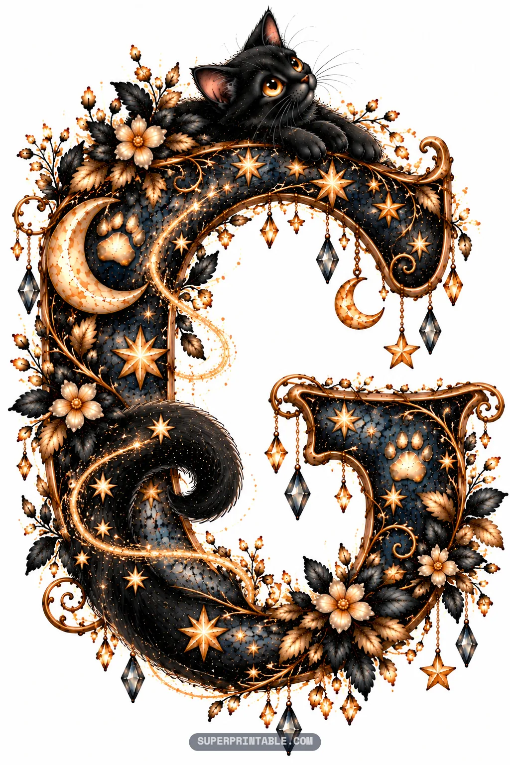 Decorative letter G with sweeping furry cat tail and a black kitten looking up