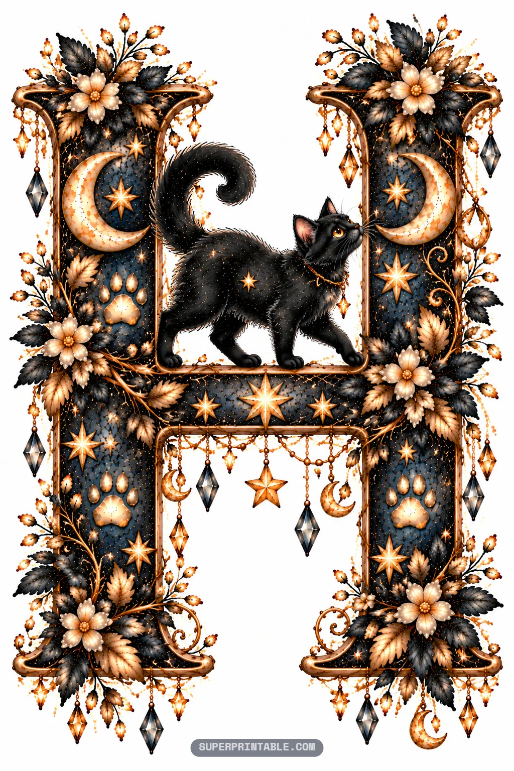Letter H illustrated with sparkling bronze filigree and a black cat walking across