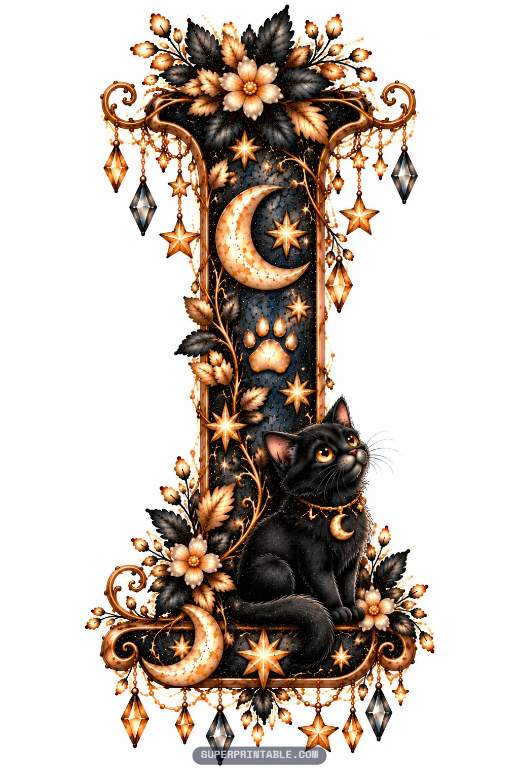Vertical letter I design featuring an alert black cat seated at the starry base